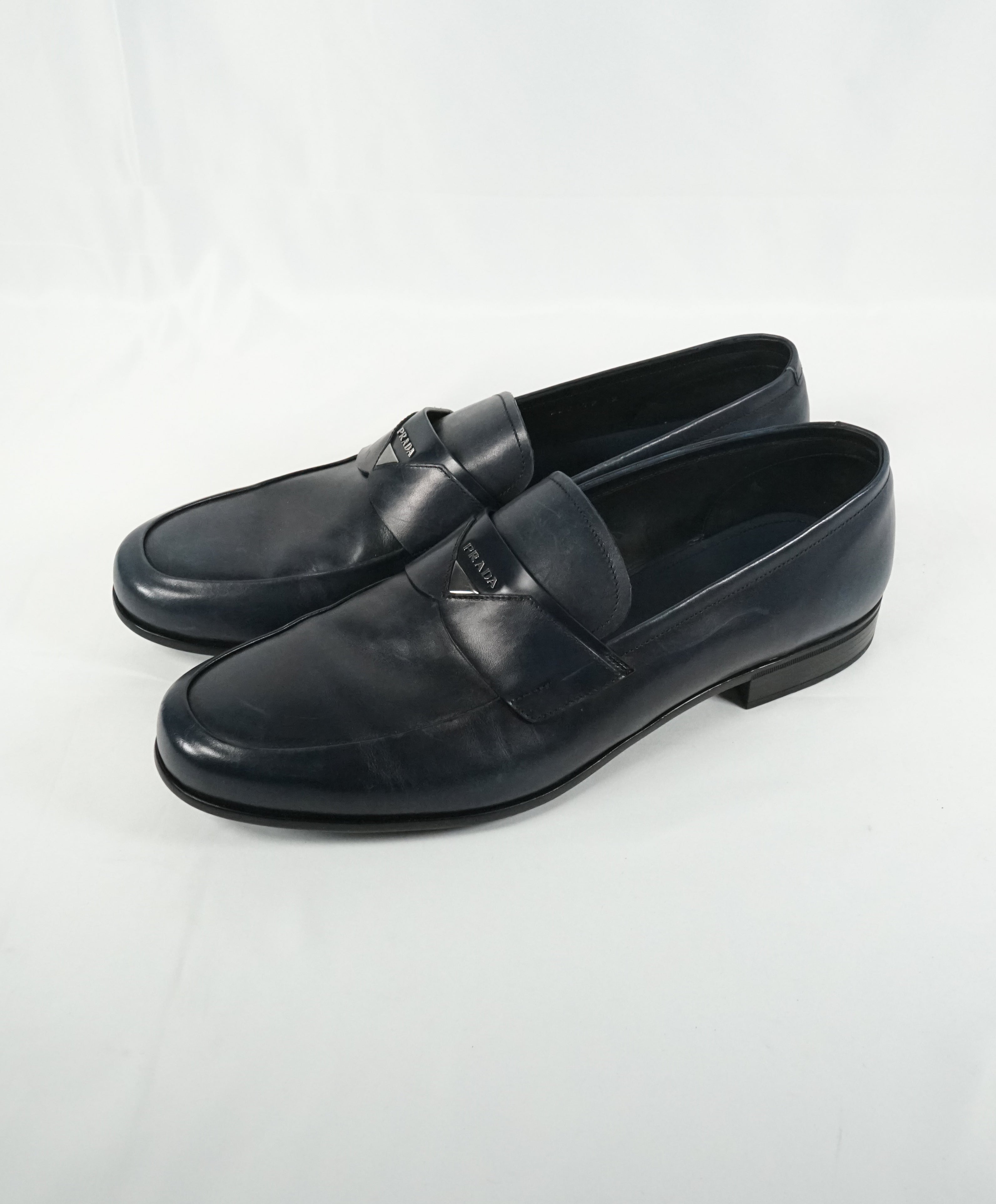 PRADA - Blue Round Toe Loafers With Logo Plaque Strap - 13