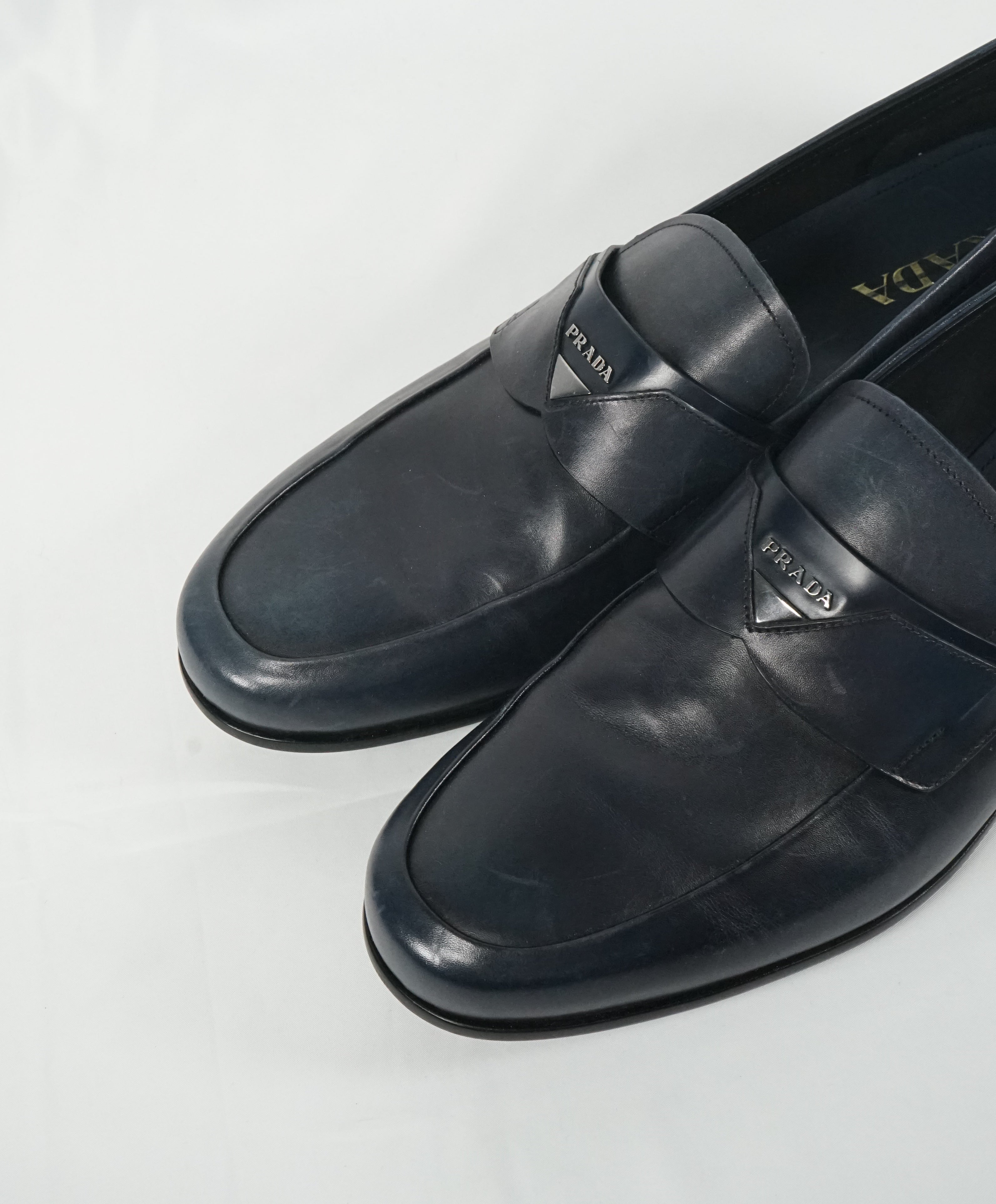 PRADA - Blue Round Toe Loafers With Logo Plaque Strap - 13