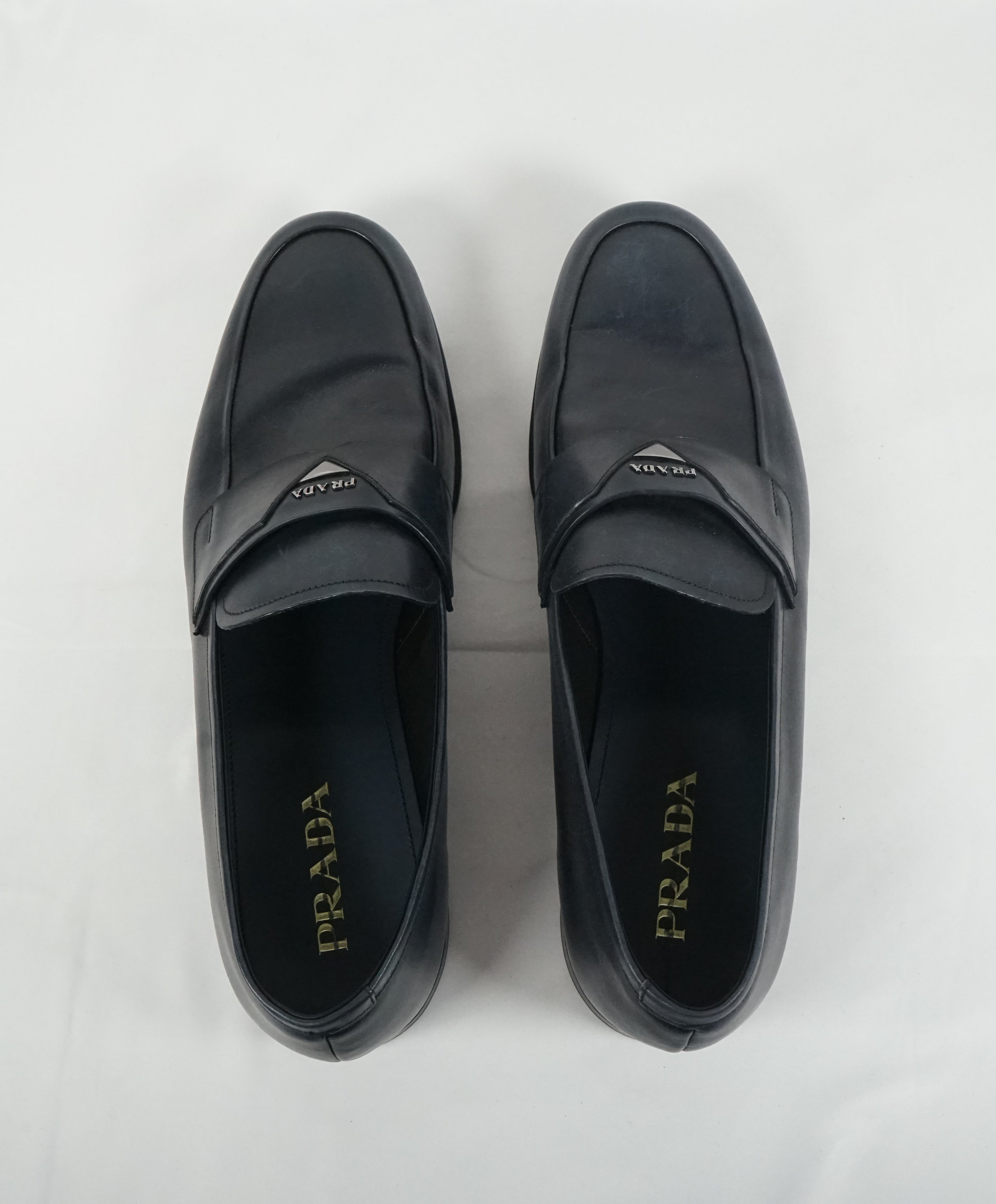 PRADA - Blue Round Toe Loafers With Logo Plaque Strap - 13