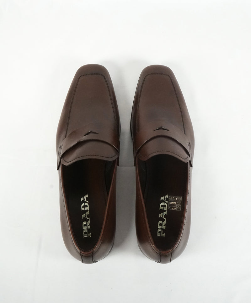 PRADA - Asymmetrical Leather Logo Penny Loafers Brown - 9