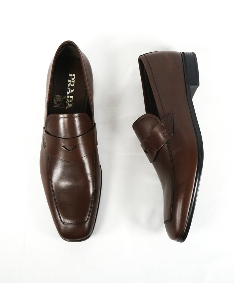 PRADA - Asymmetrical Leather Logo Penny Loafers Brown - 9