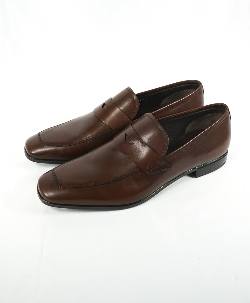 PRADA - Asymmetrical Leather Logo Penny Loafers Brown - 9