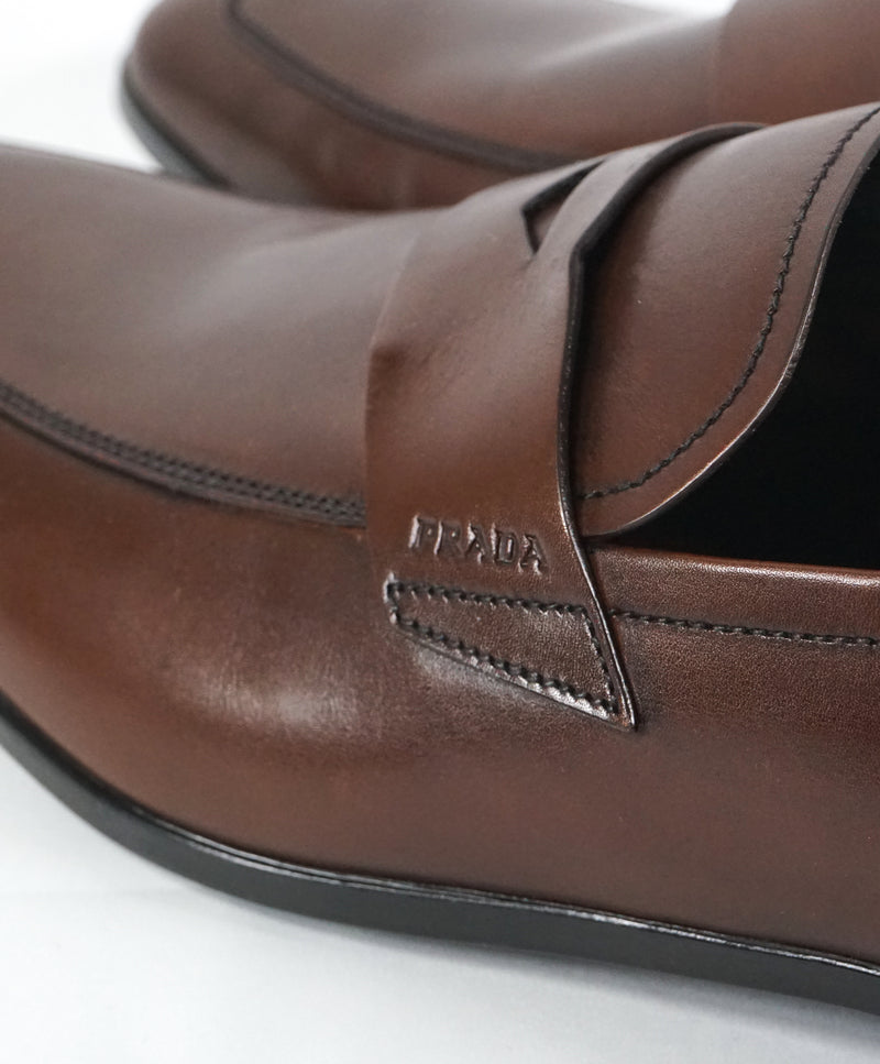 PRADA - Asymmetrical Leather Logo Penny Loafers Brown - 9