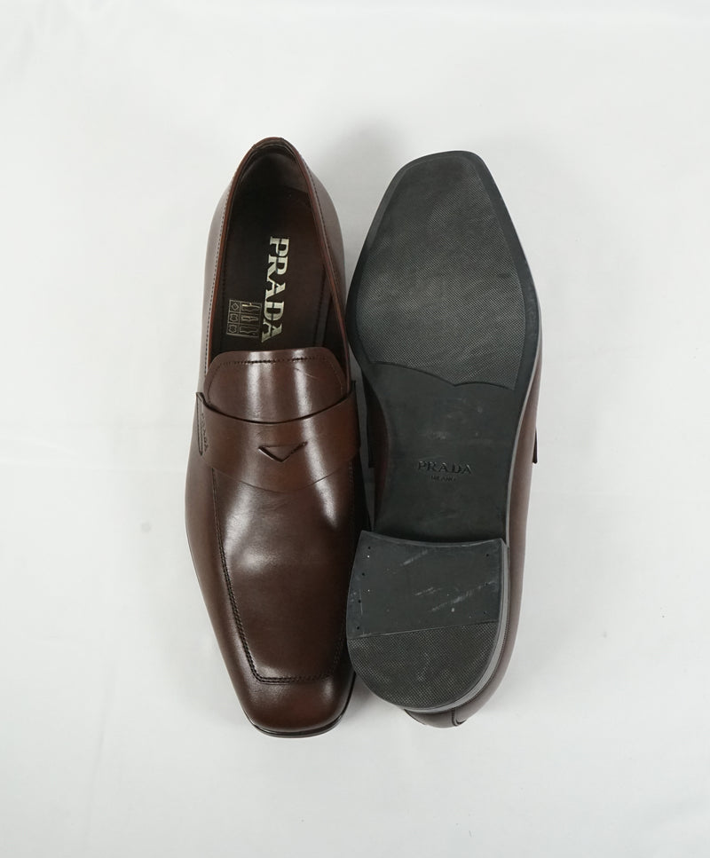 PRADA - Asymmetrical Leather Logo Penny Loafers Brown - 9