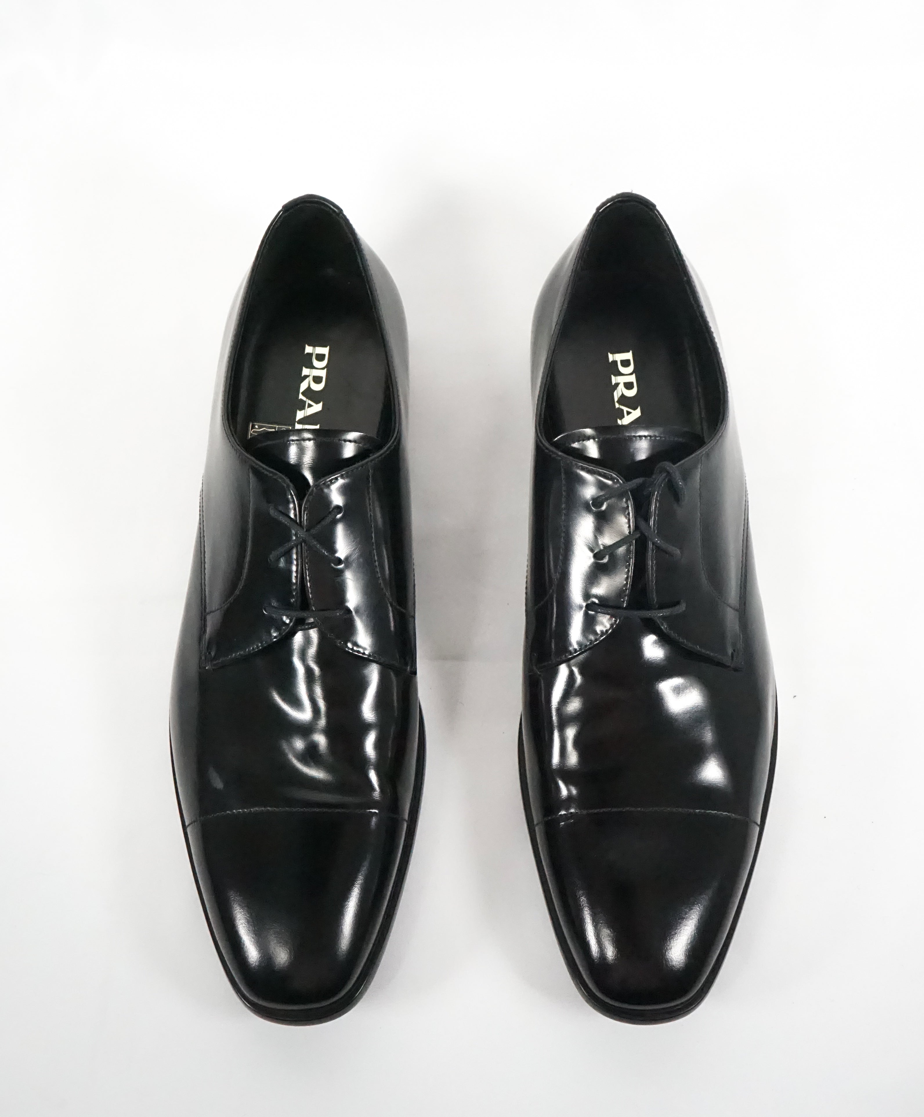 PRADA - Patent Leather Cap Toe Spazzolato Oxfords With Logo Inset Heel - 12