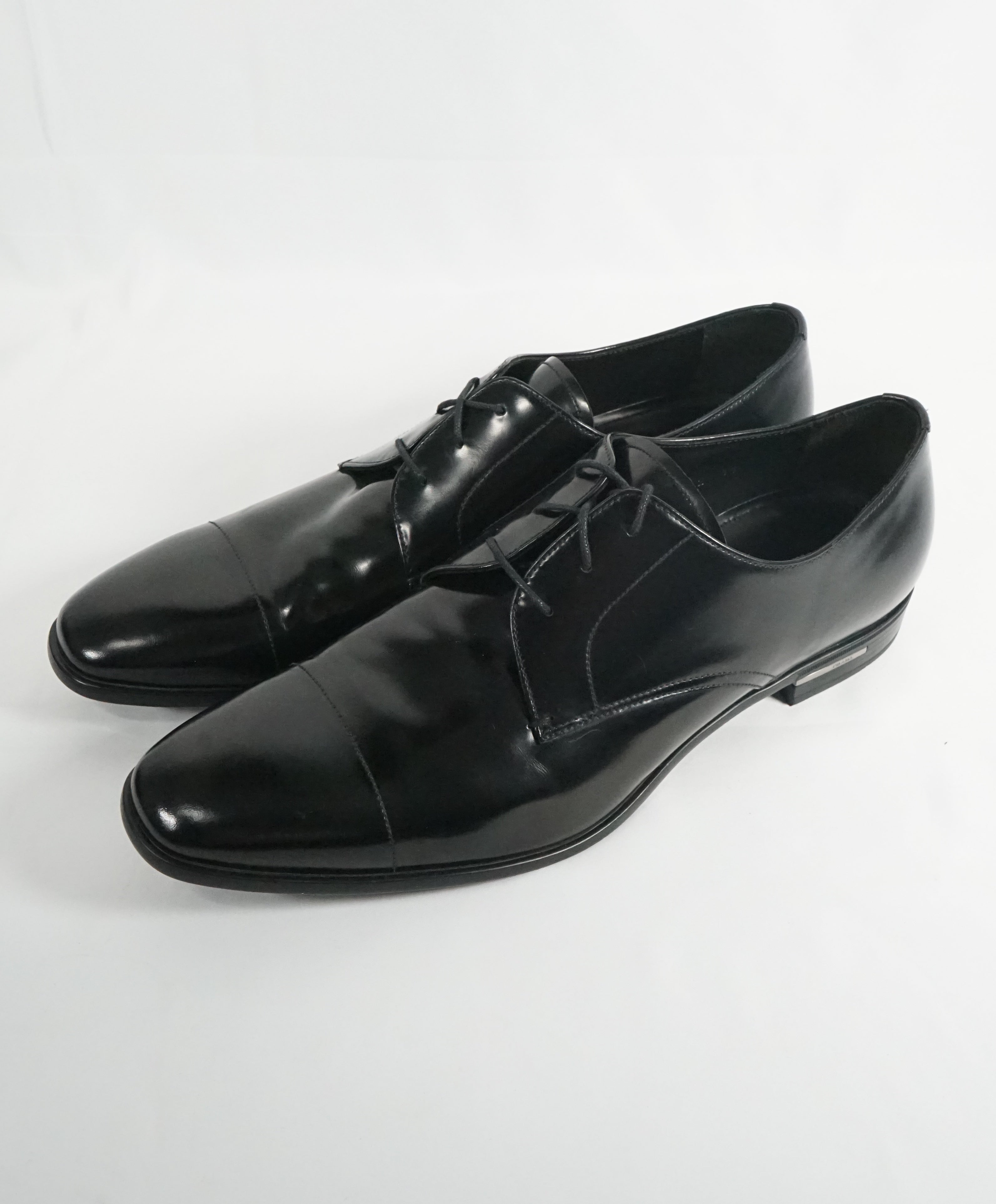 PRADA - Patent Leather Cap Toe Spazzolato Oxfords With Logo Inset Heel - 12