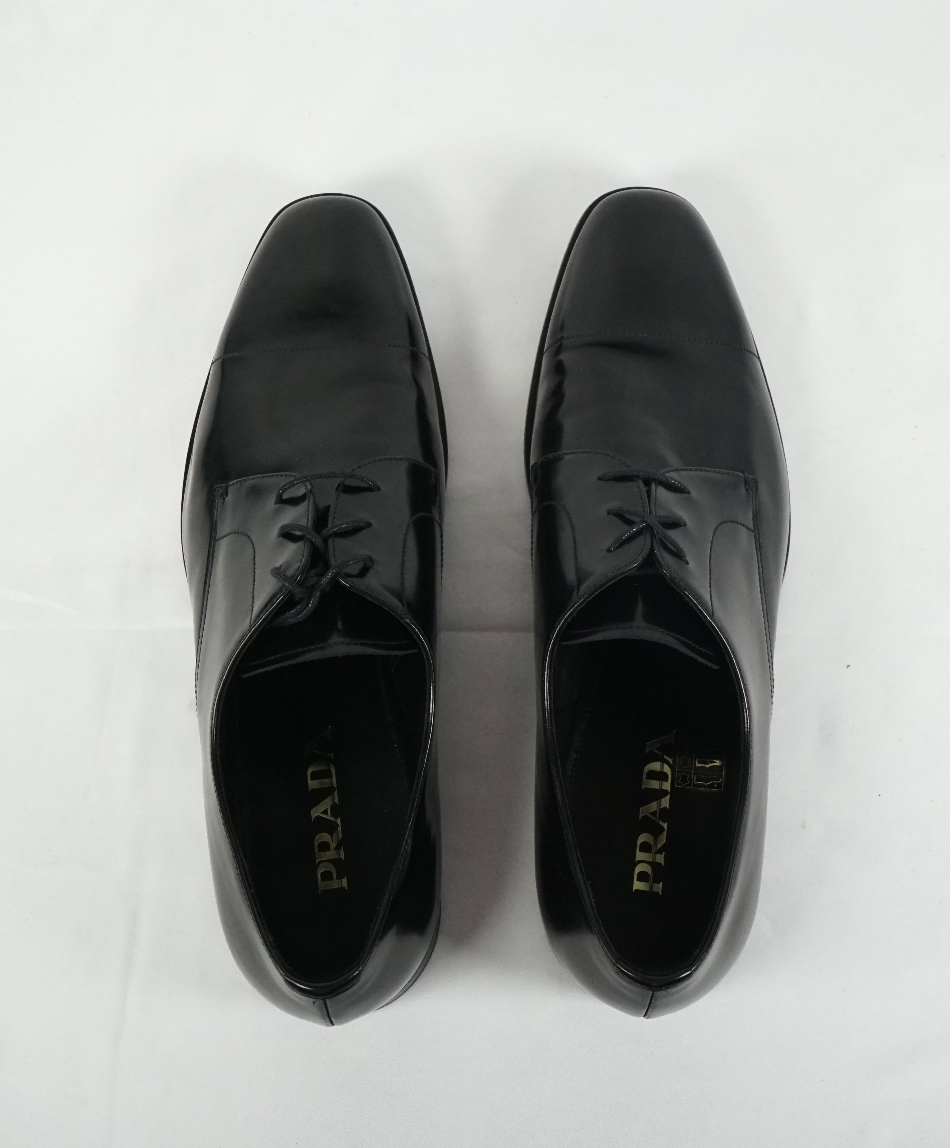 PRADA - Patent Leather Cap Toe Spazzolato Oxfords With Logo Inset Heel - 12