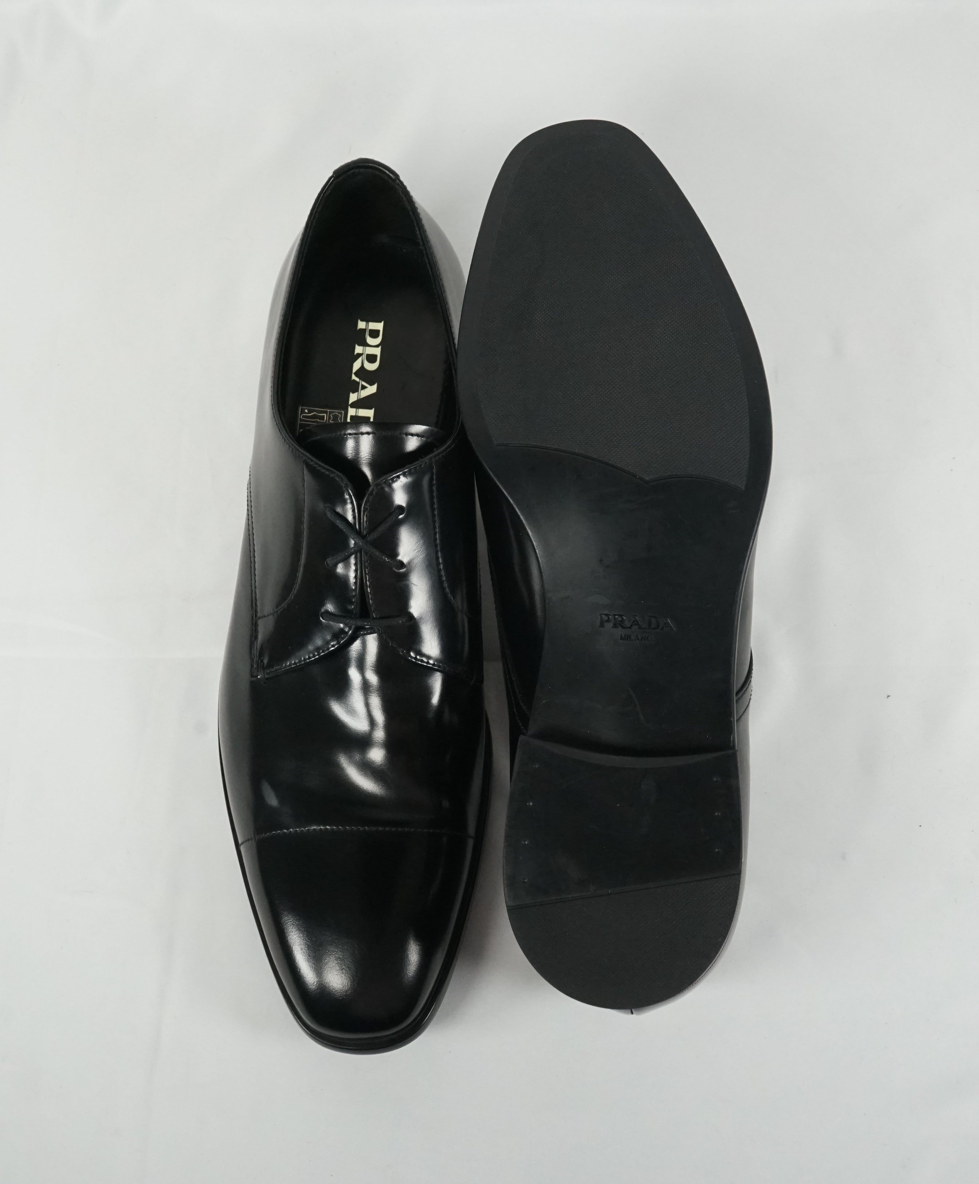 PRADA - Patent Leather Cap Toe Spazzolato Oxfords With Logo Inset Heel - 12