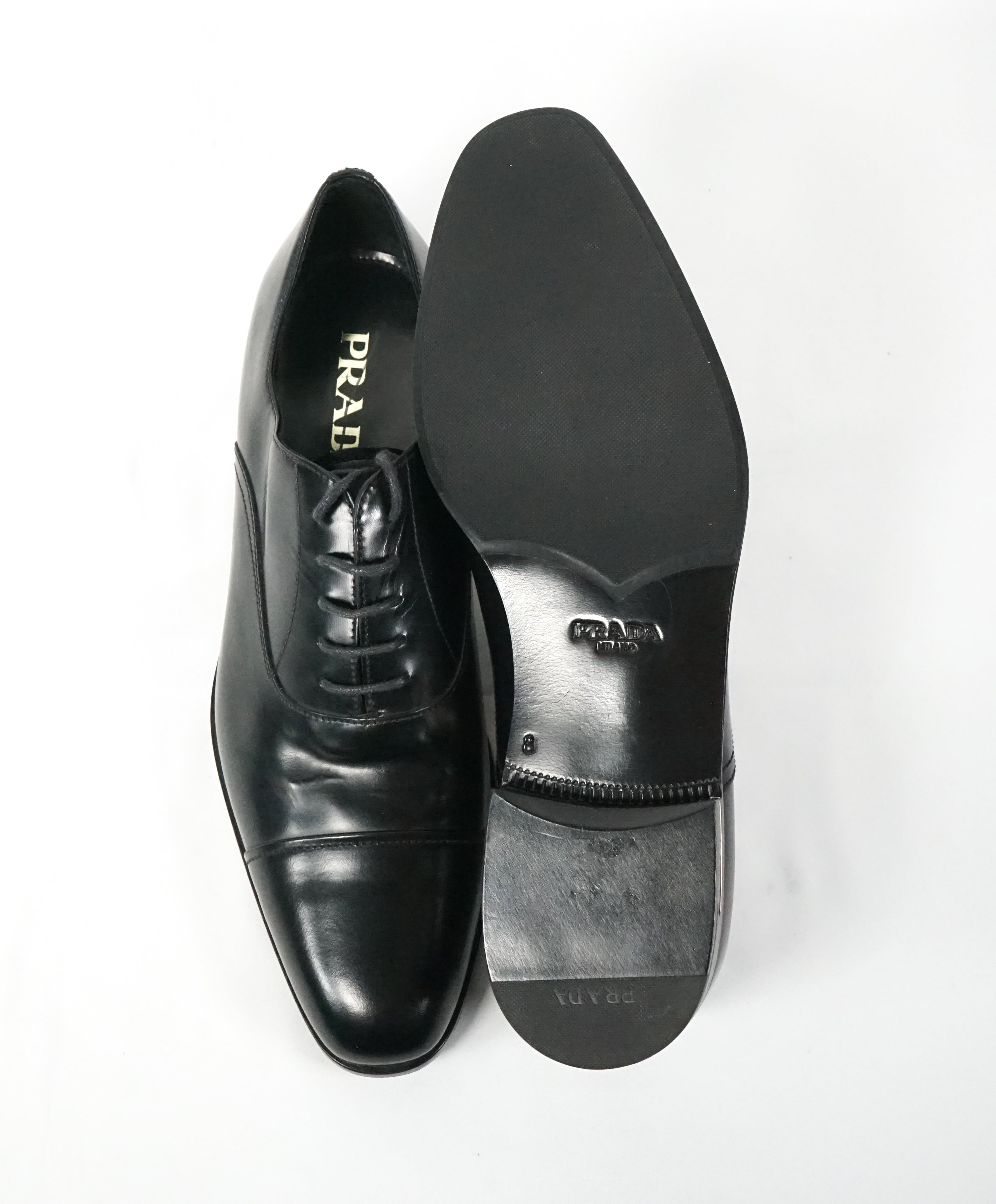 PRADA - Leather Cap Toe Spazzolato Oxfords With Logo Inset Heel - 9