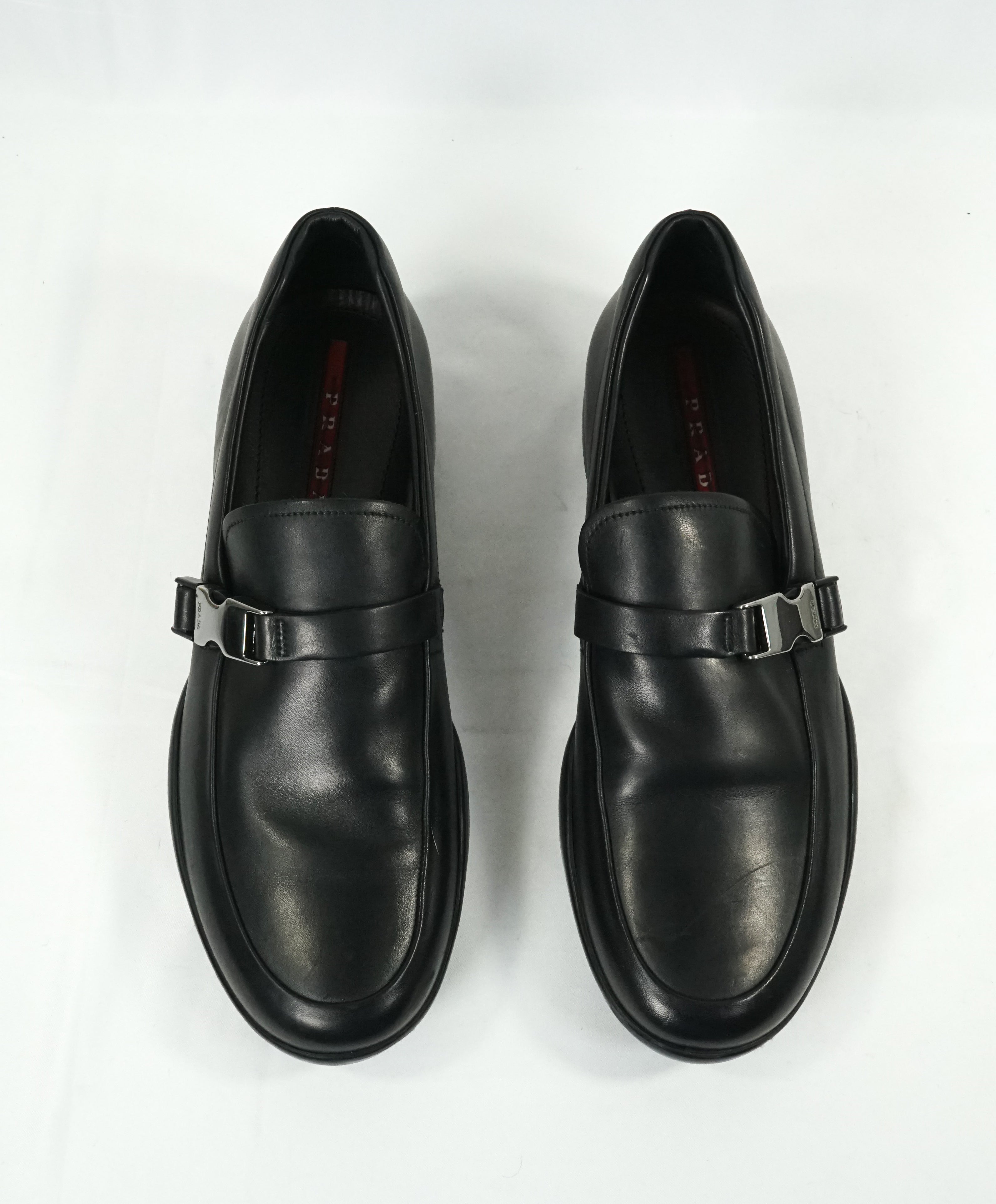 PRADA - Linea Rossa Engraved Logo Buckle Loafers  - 10.5