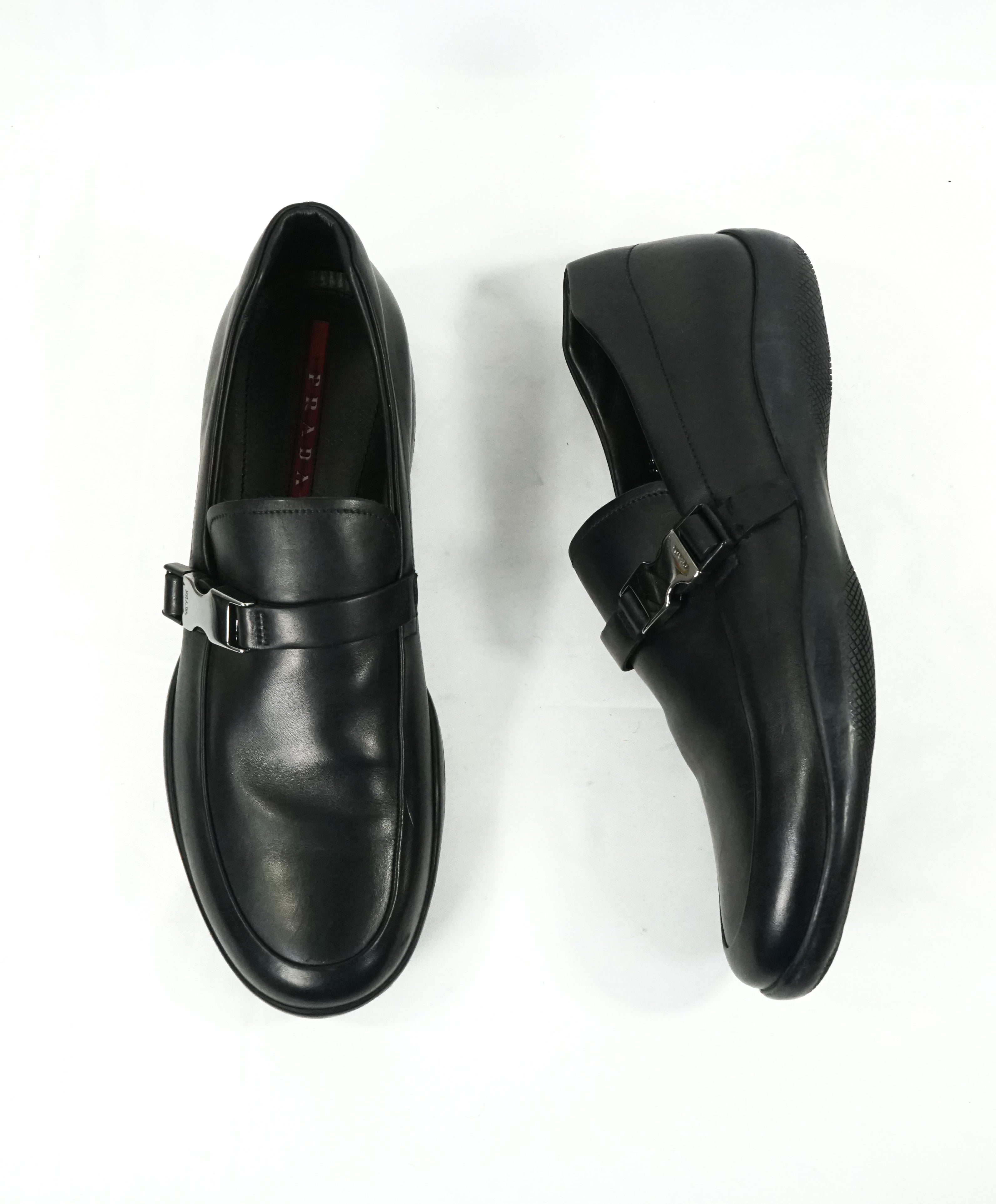 PRADA - Linea Rossa Engraved Logo Buckle Loafers  - 10.5