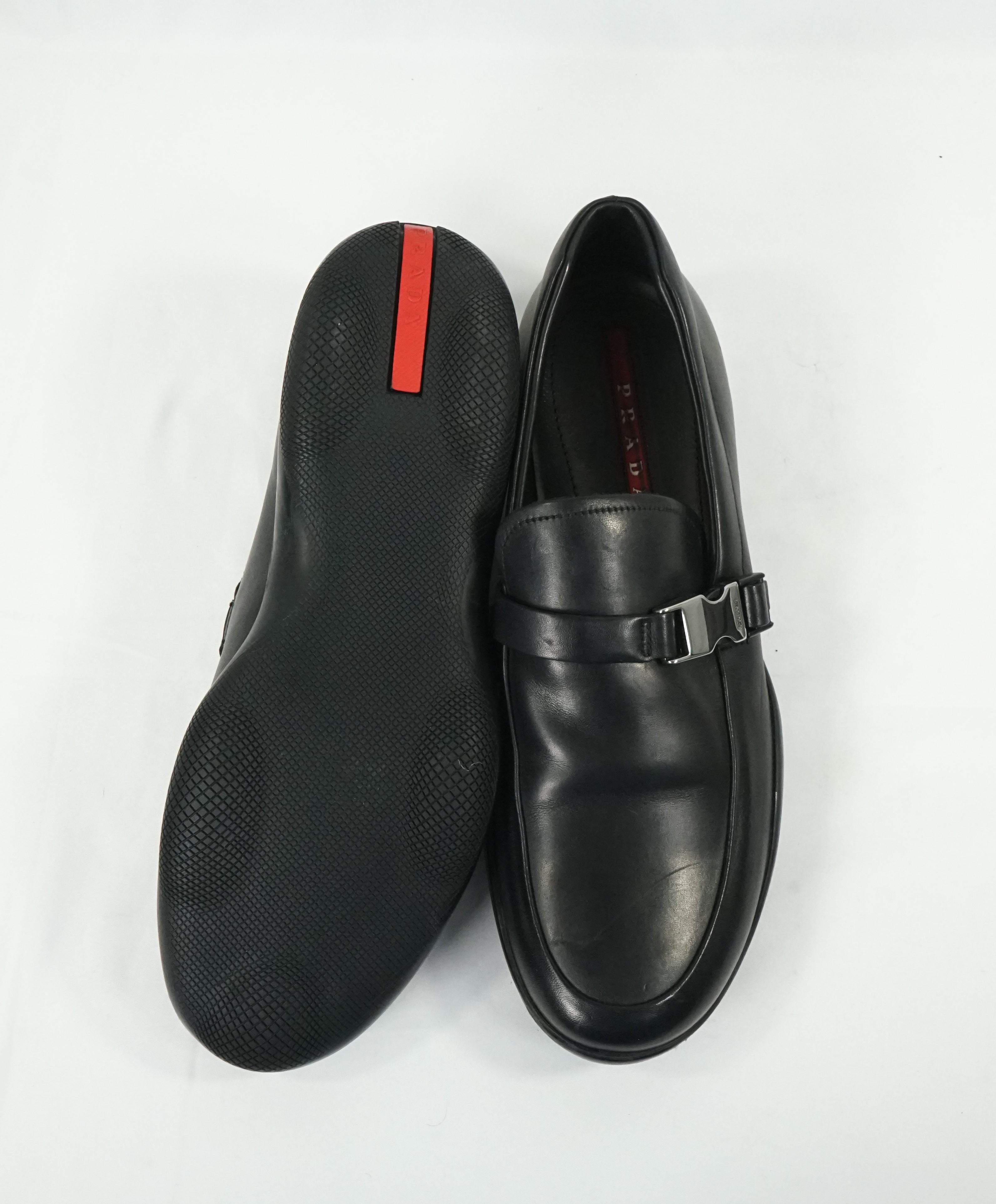 PRADA - Linea Rossa Engraved Logo Buckle Loafers  - 10.5