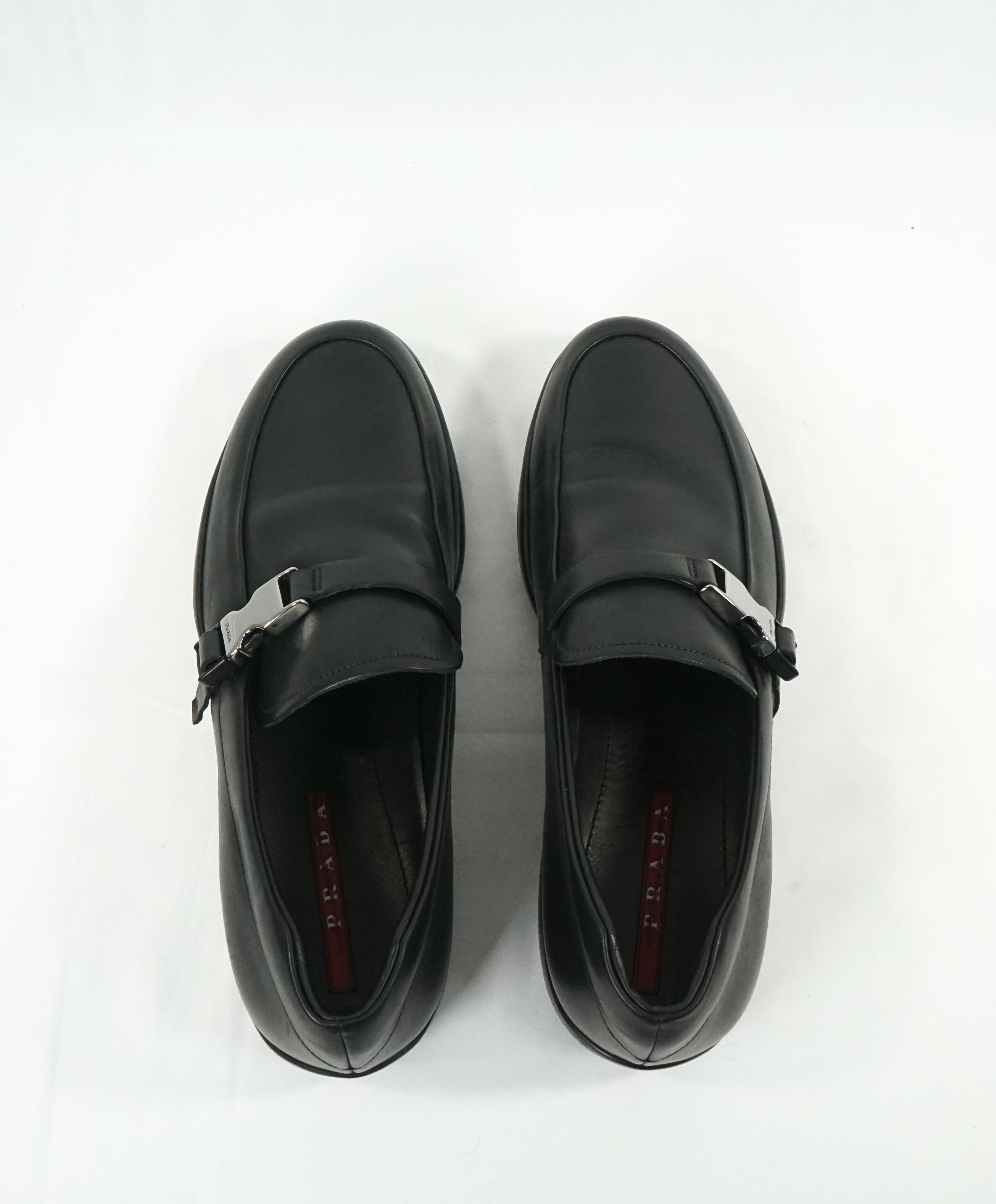 PRADA - Linea Rossa Engraved Logo Buckle Loafers  - 10.5