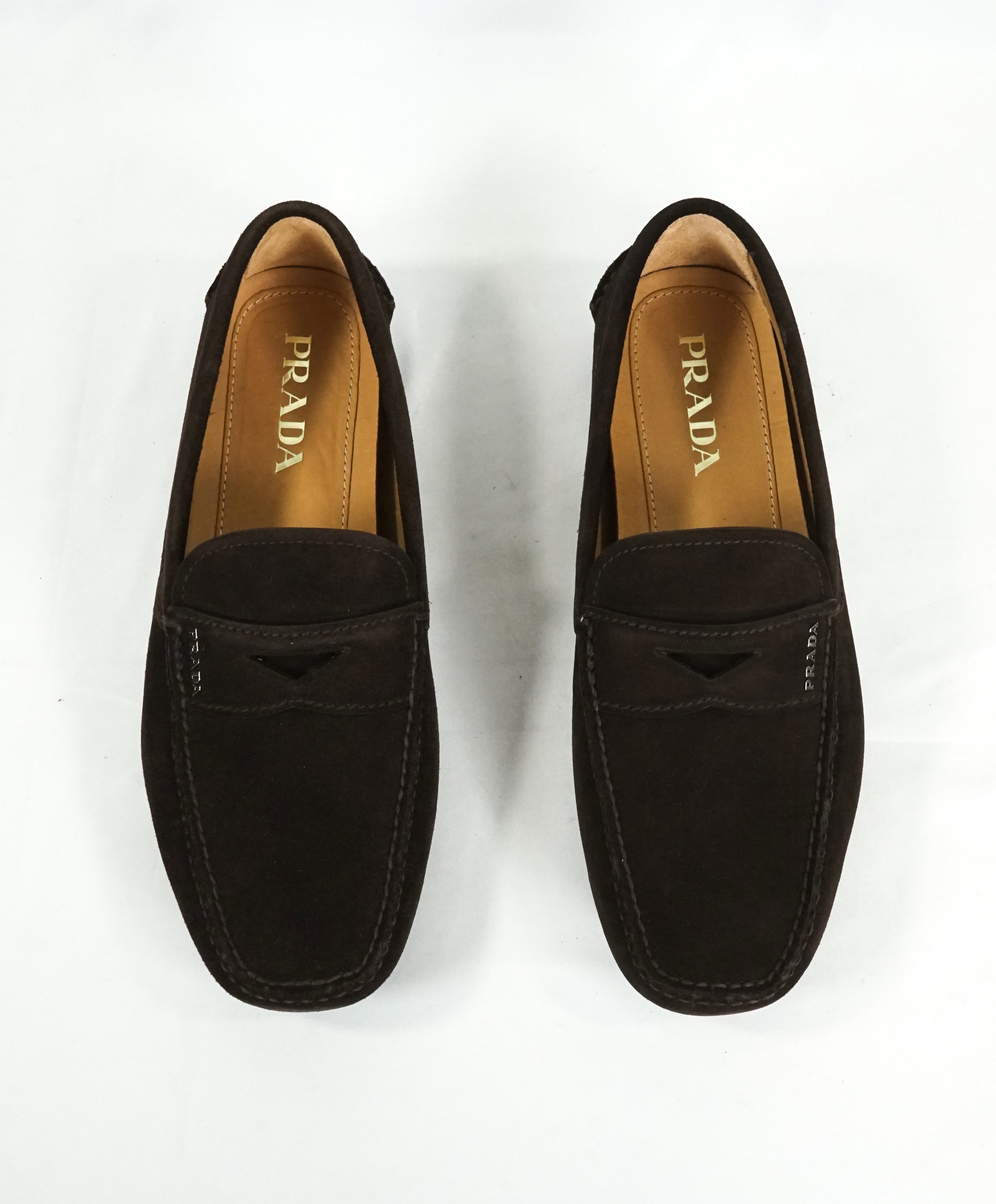 PRADA - Brown Suede Penny Loafers With Silver Logo Lettering - 8.5