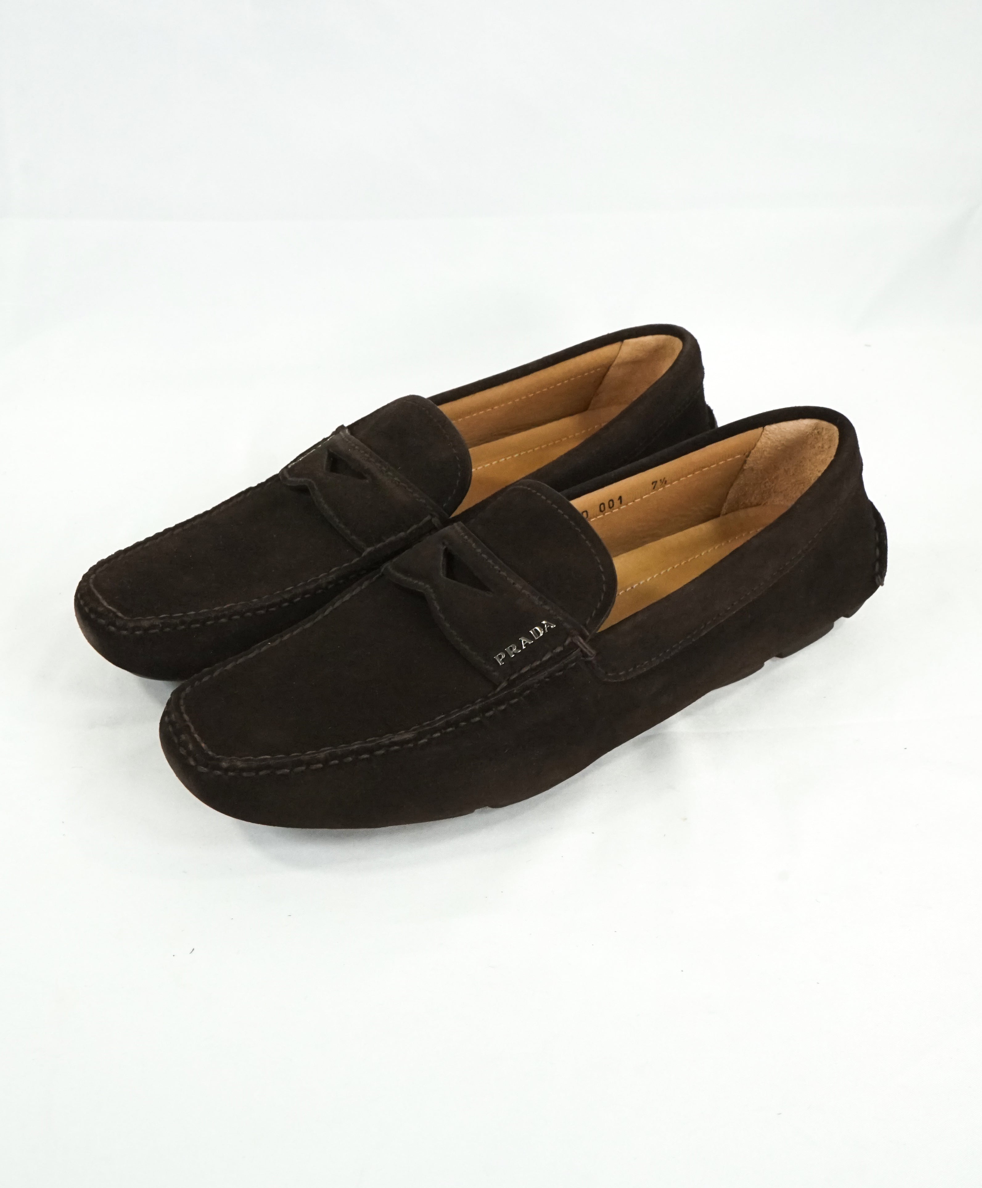 PRADA - Brown Suede Penny Loafers With Silver Logo Lettering - 8.5