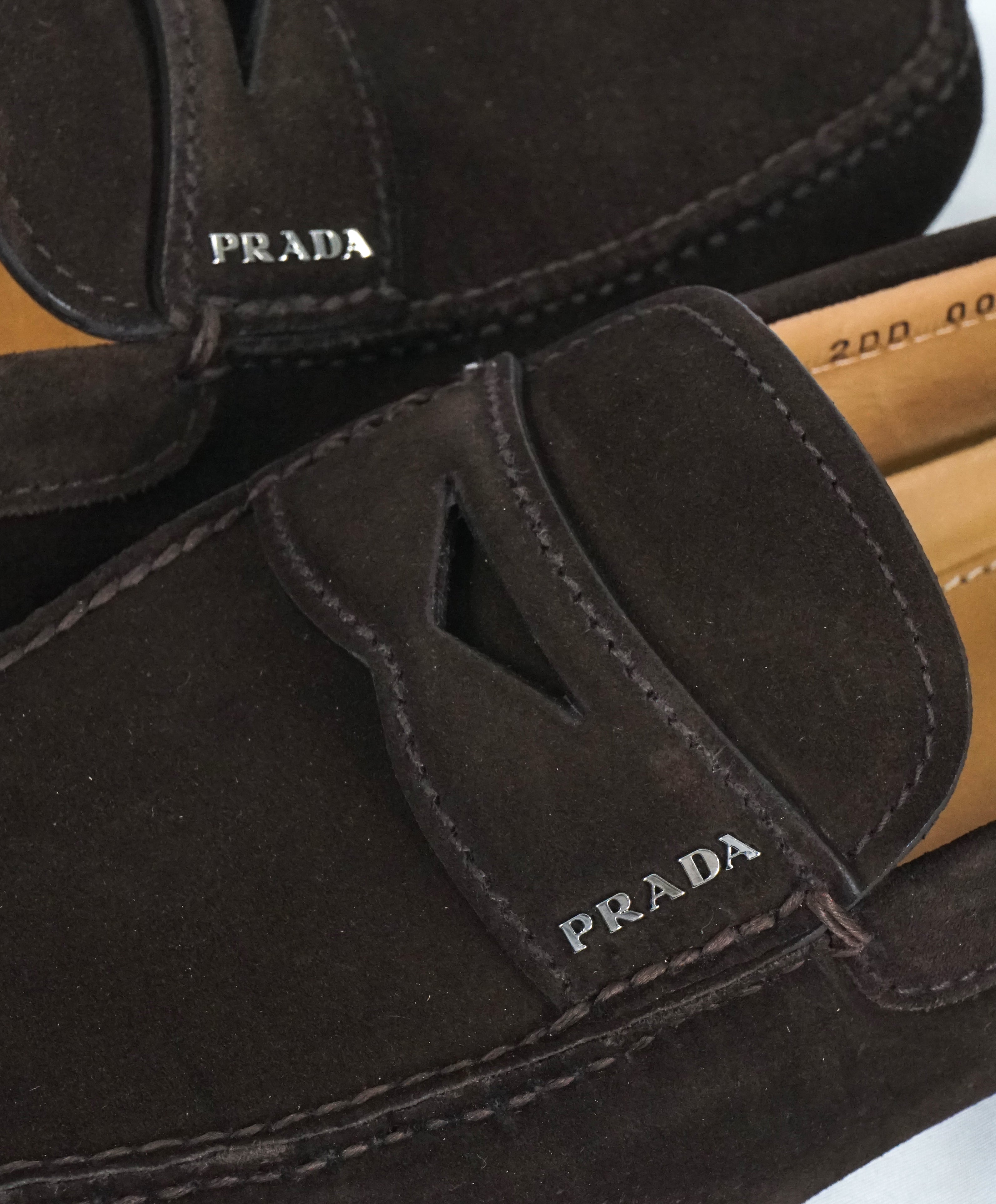 PRADA - Brown Suede Penny Loafers With Silver Logo Lettering - 8.5