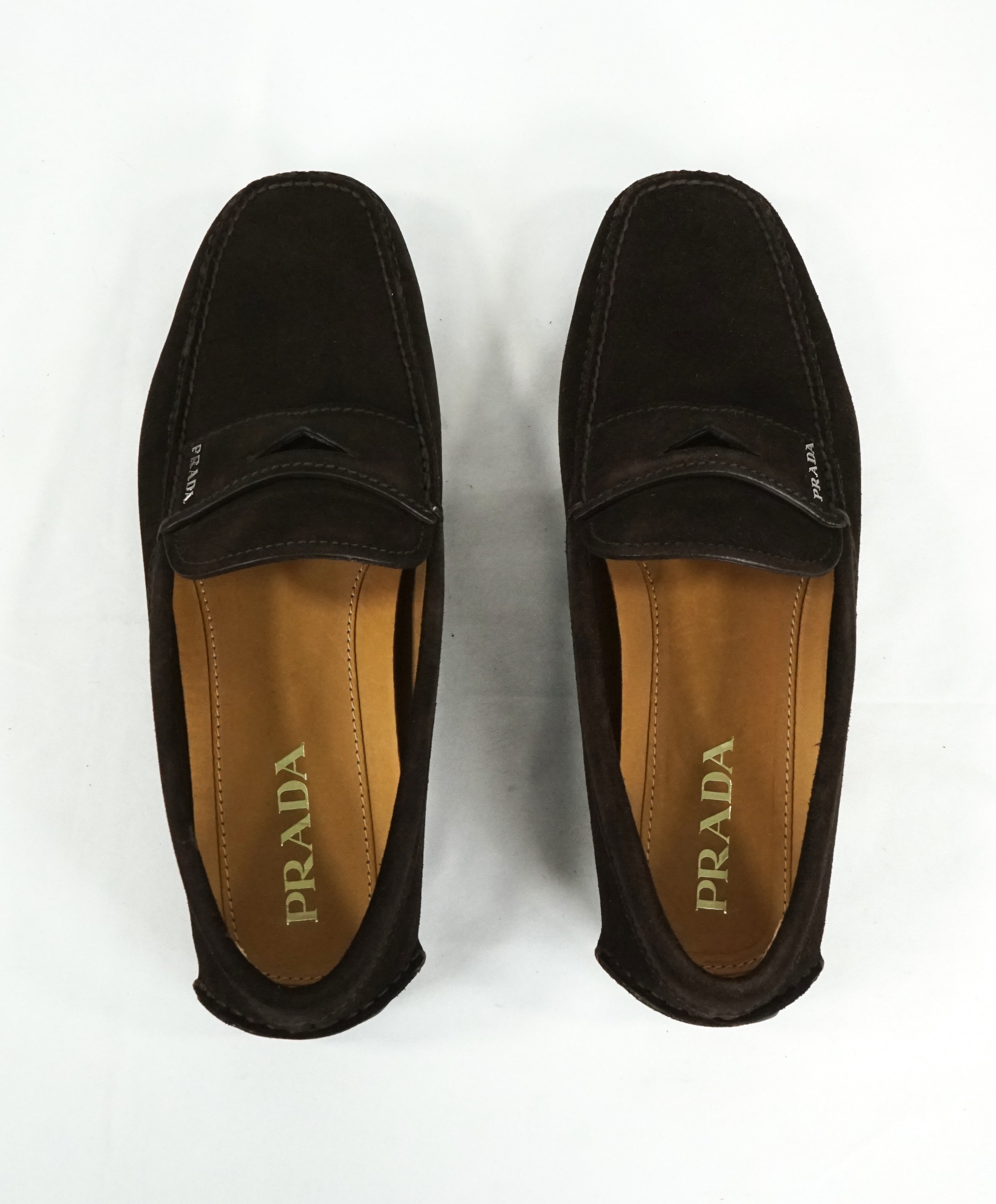 PRADA - Brown Suede Penny Loafers With Silver Logo Lettering - 8.5