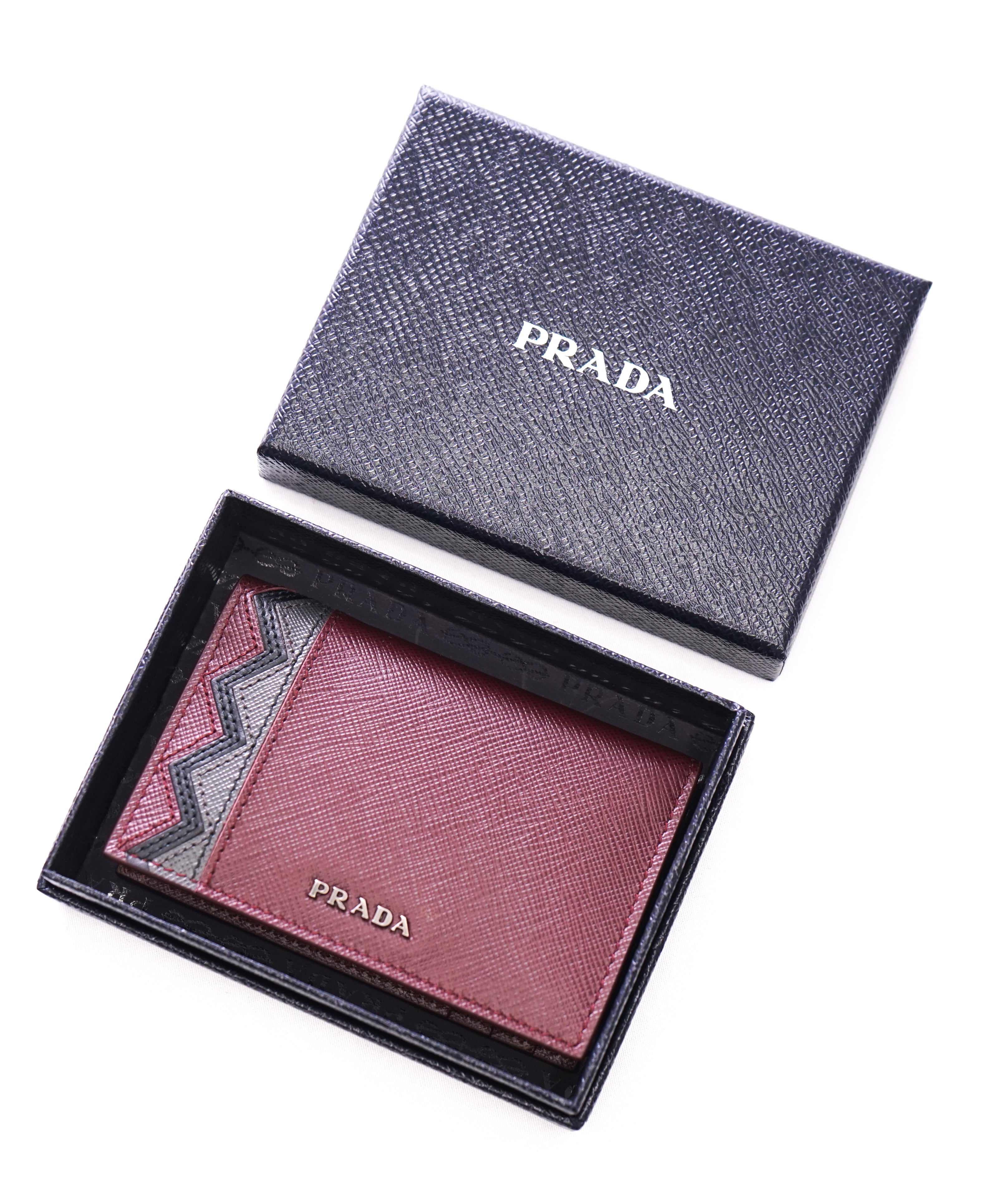 PRADA -Zigzag Burgundy "Greche" Saffiano Leather Wallet- N/A