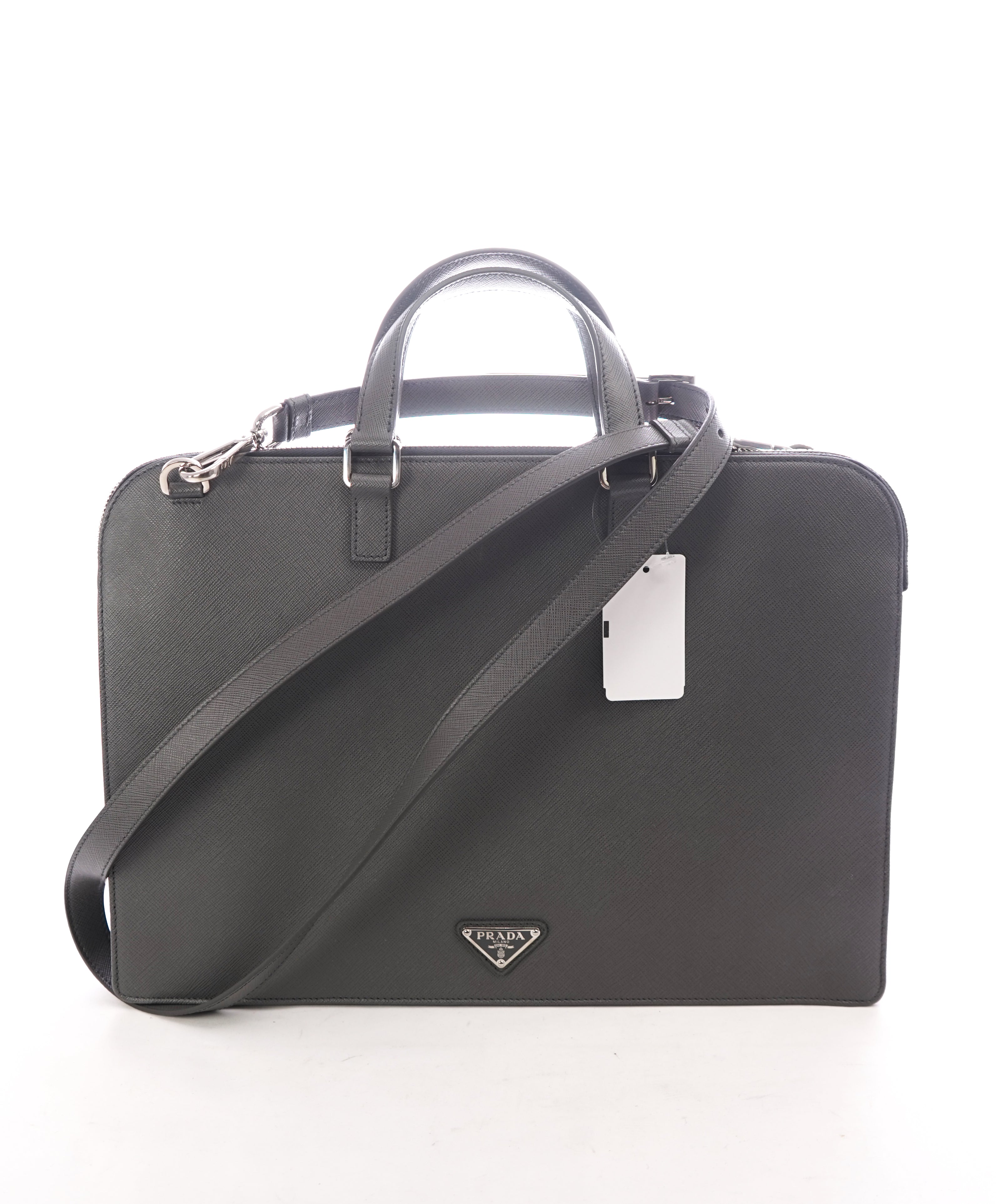 PRADA - "BALTICO" Gray Saffiano Leather Briefcase Bag With Strap -