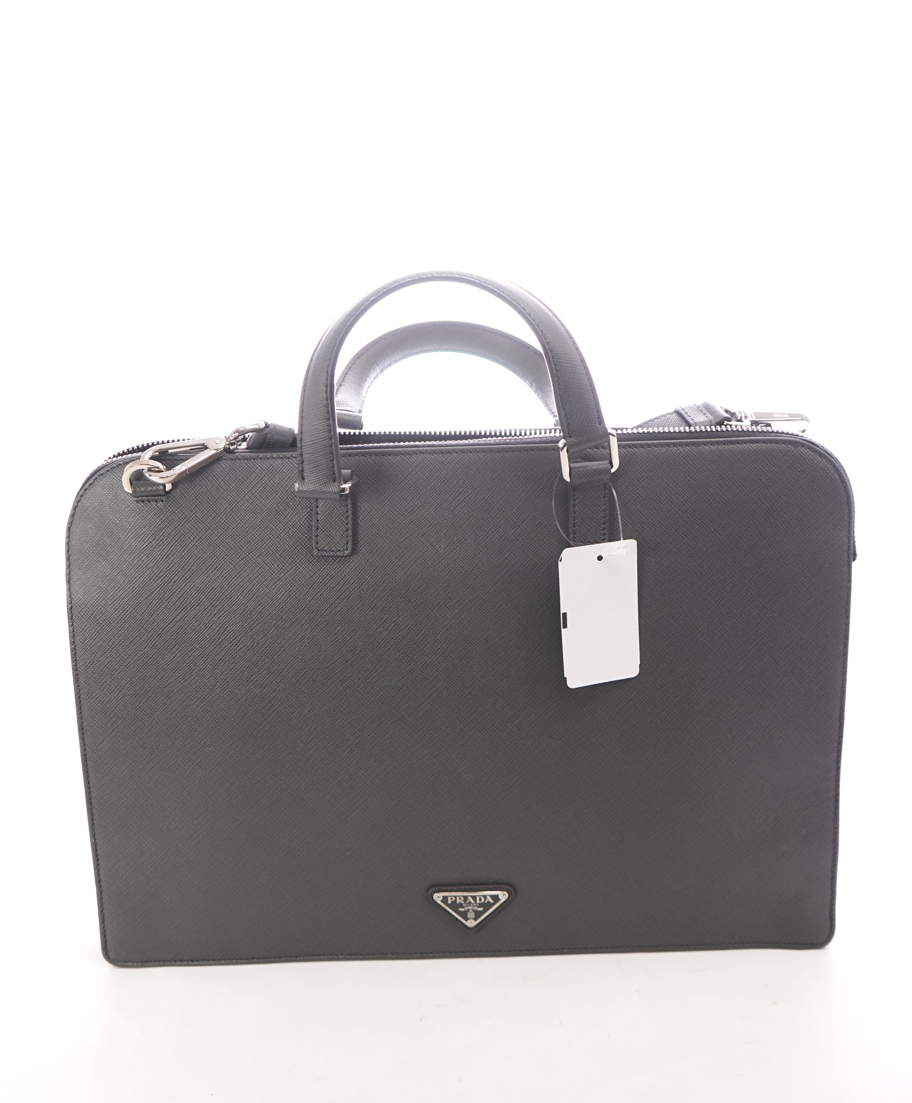 PRADA - "BALTICO" Gray Saffiano Leather Briefcase Bag With Strap -