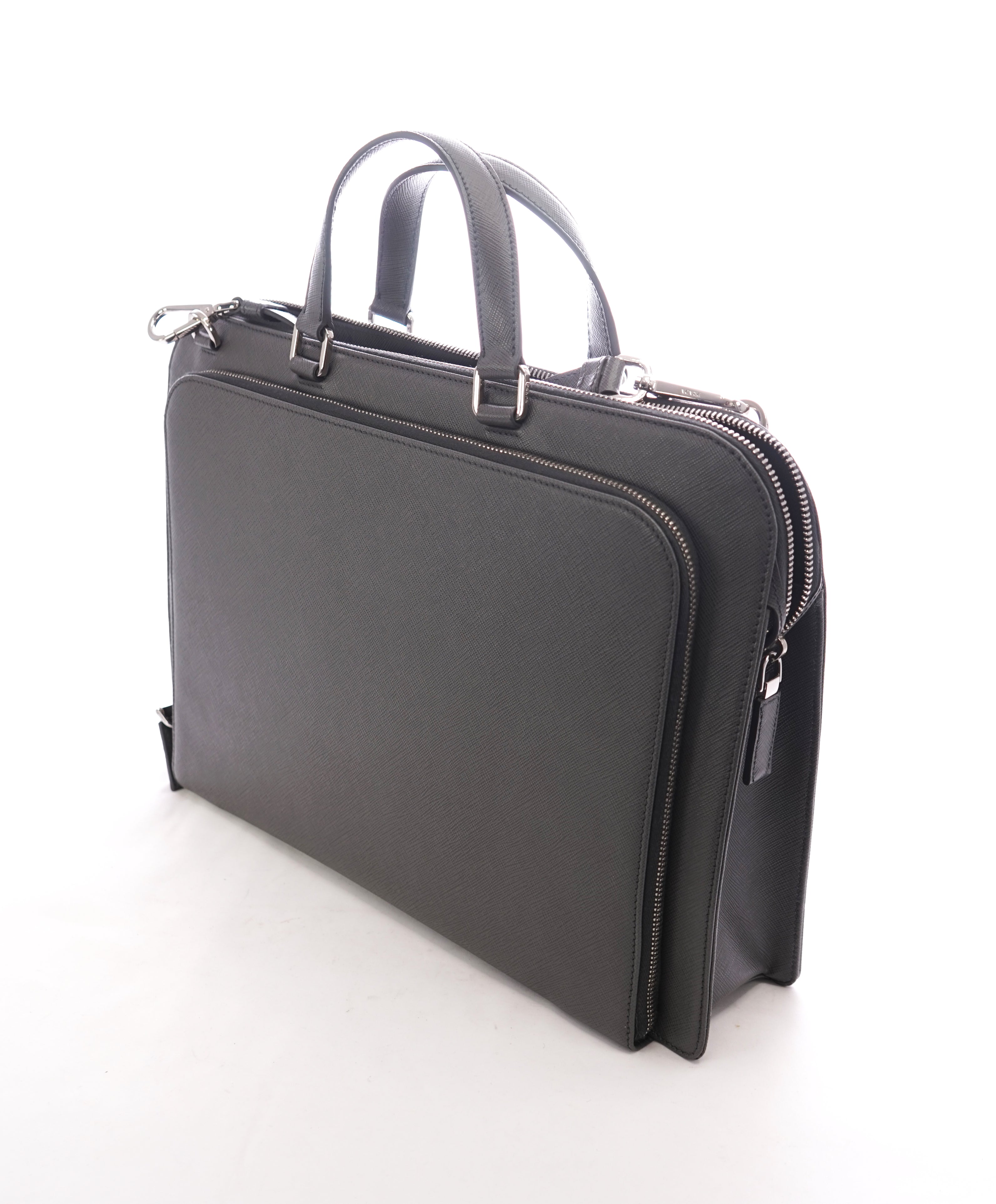 PRADA - "BALTICO" Gray Saffiano Leather Briefcase Bag With Strap -