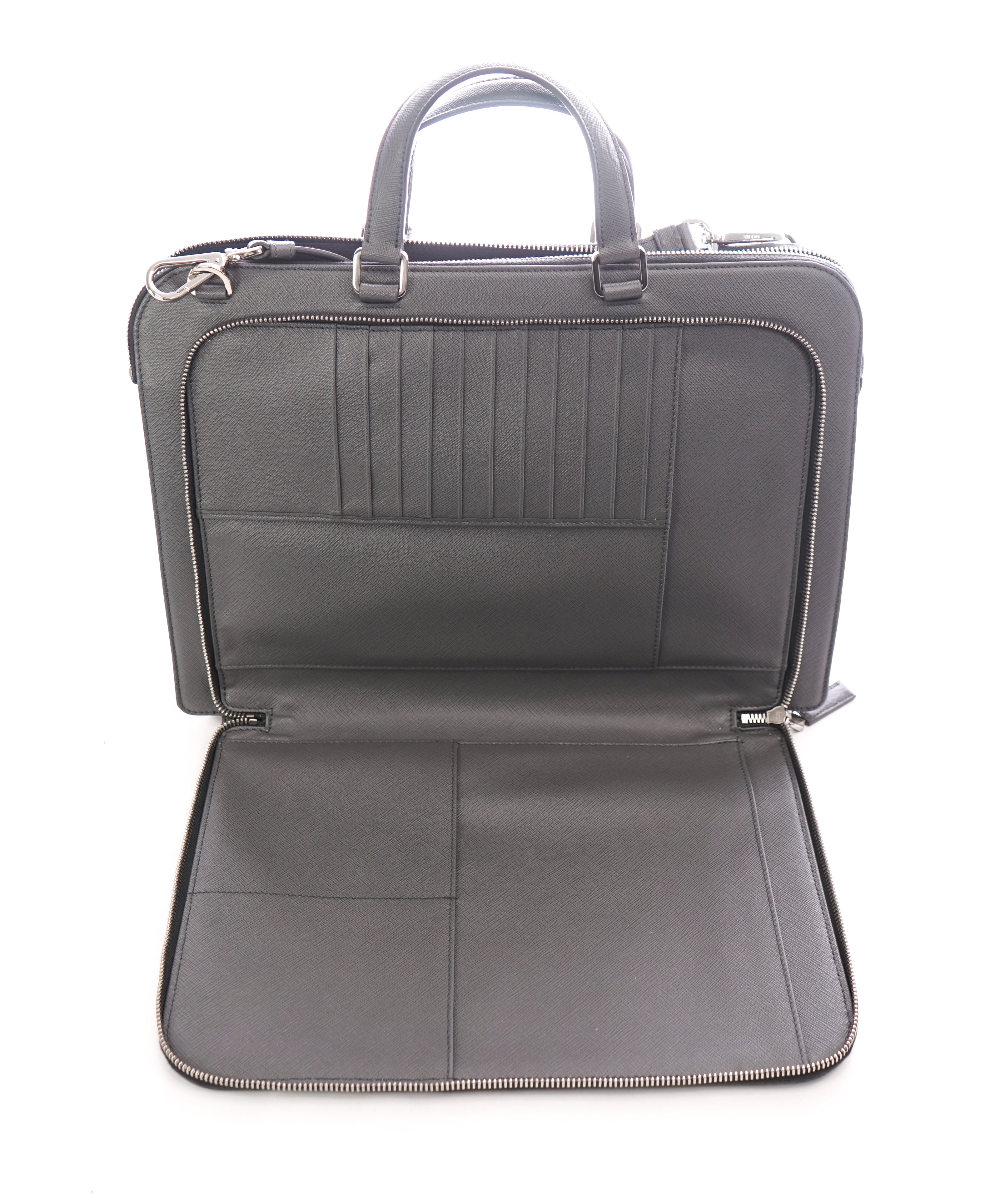 PRADA - "BALTICO" Gray Saffiano Leather Briefcase Bag With Strap -