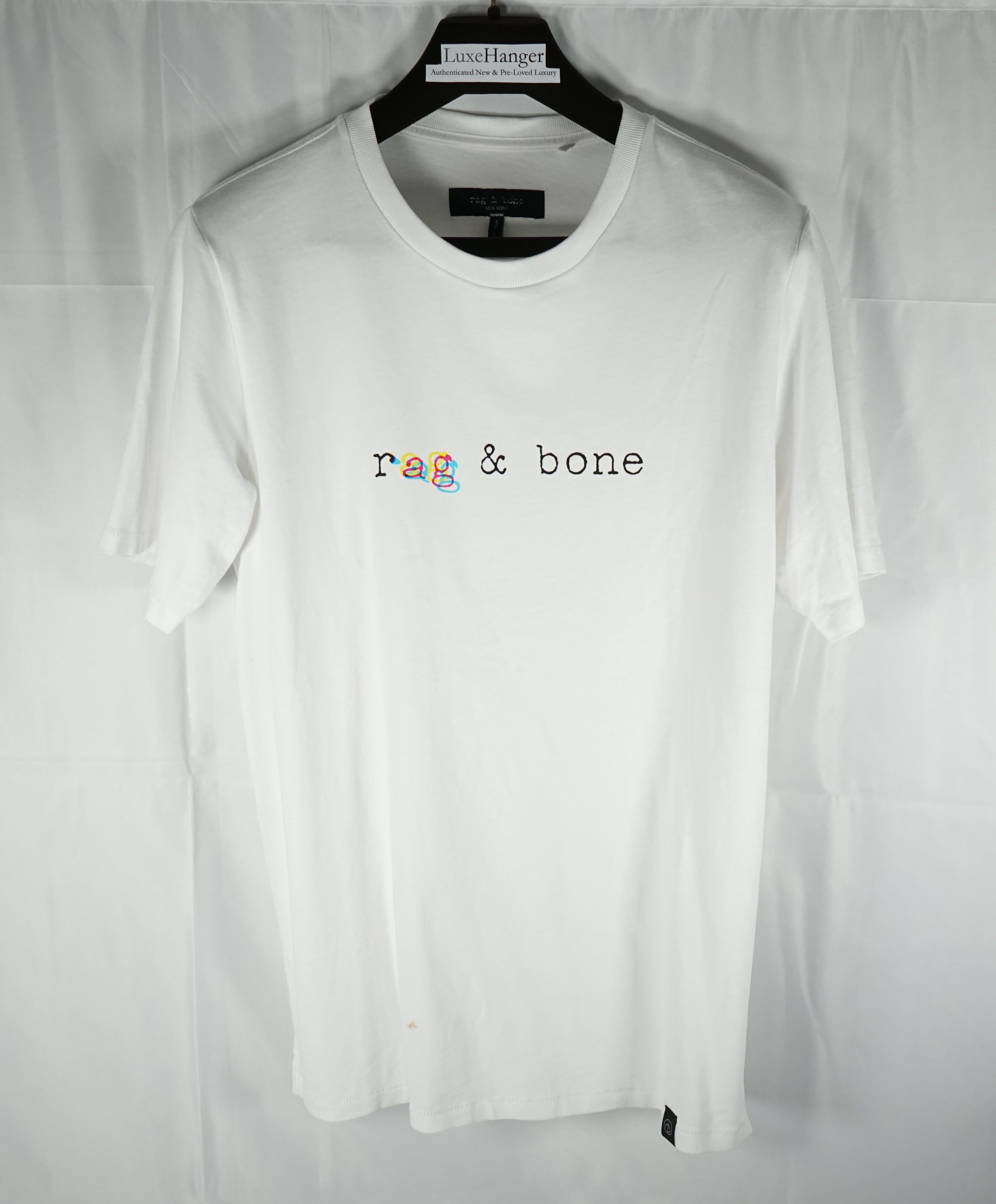 Rag & Bone - “Tri-Color Logo” Cotton White Crew Neck Tee - S