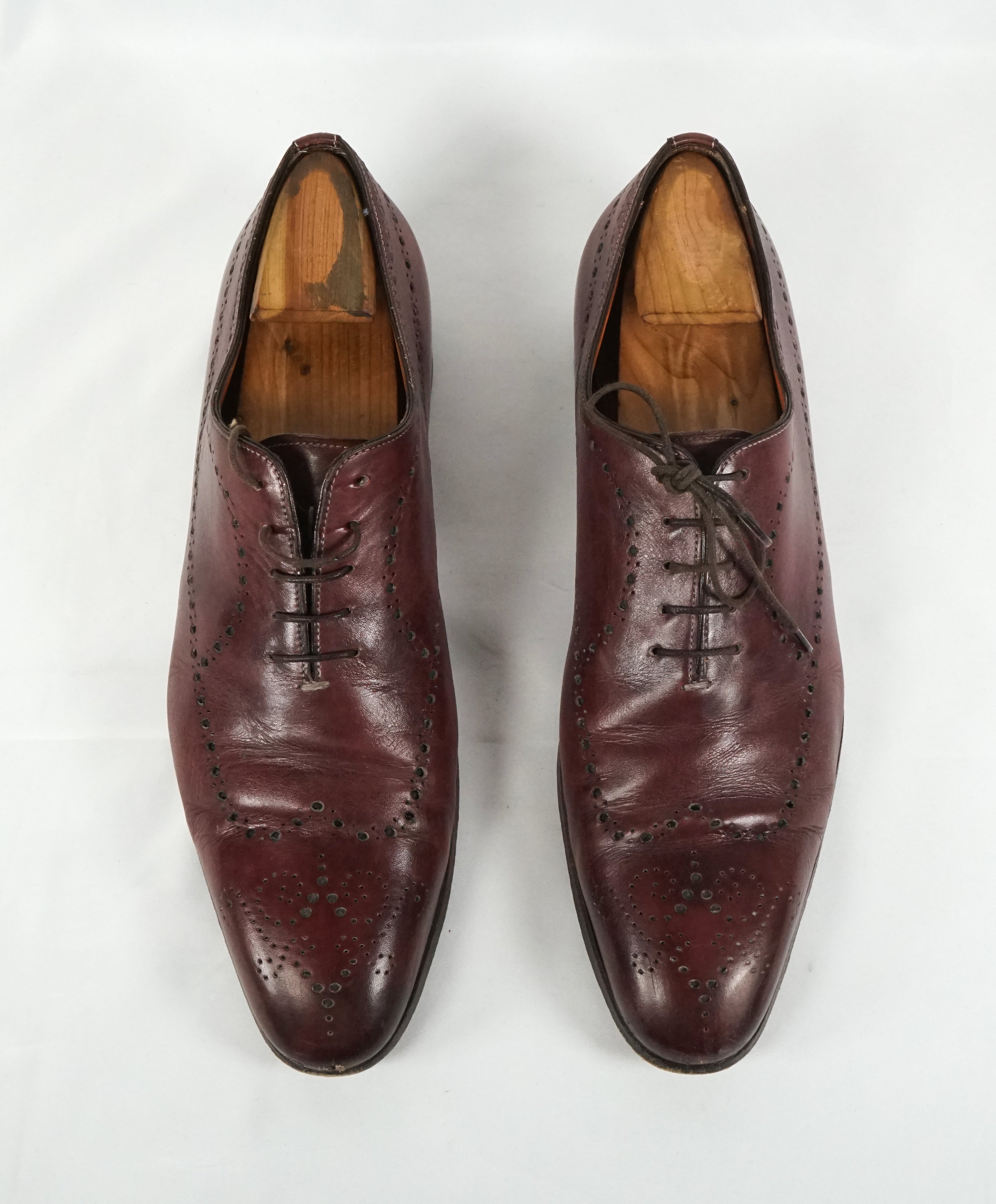 SANTONI - "Calvin" Wholecut Burgundy Brogue Oxfords - 10.5