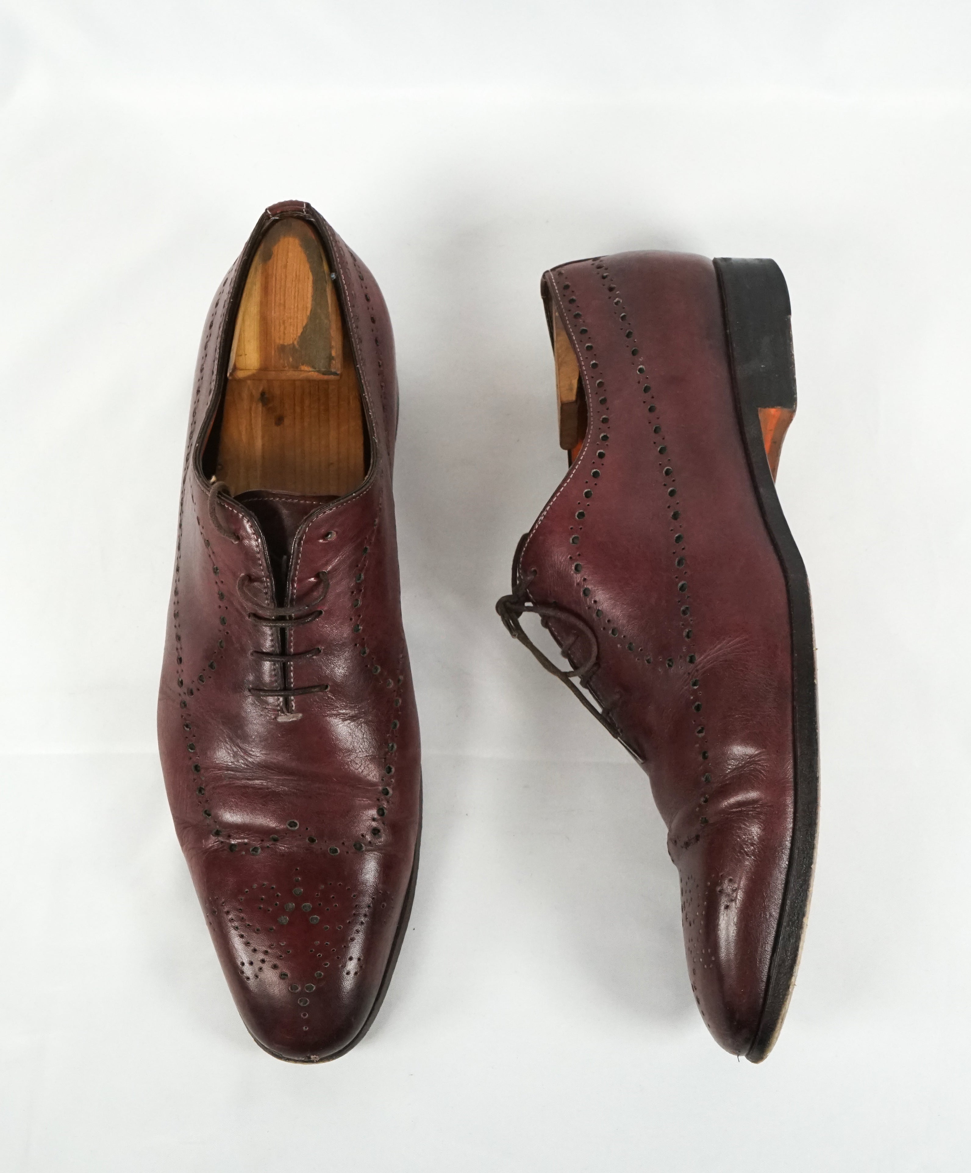 SANTONI - "Calvin" Wholecut Burgundy Brogue Oxfords - 10.5