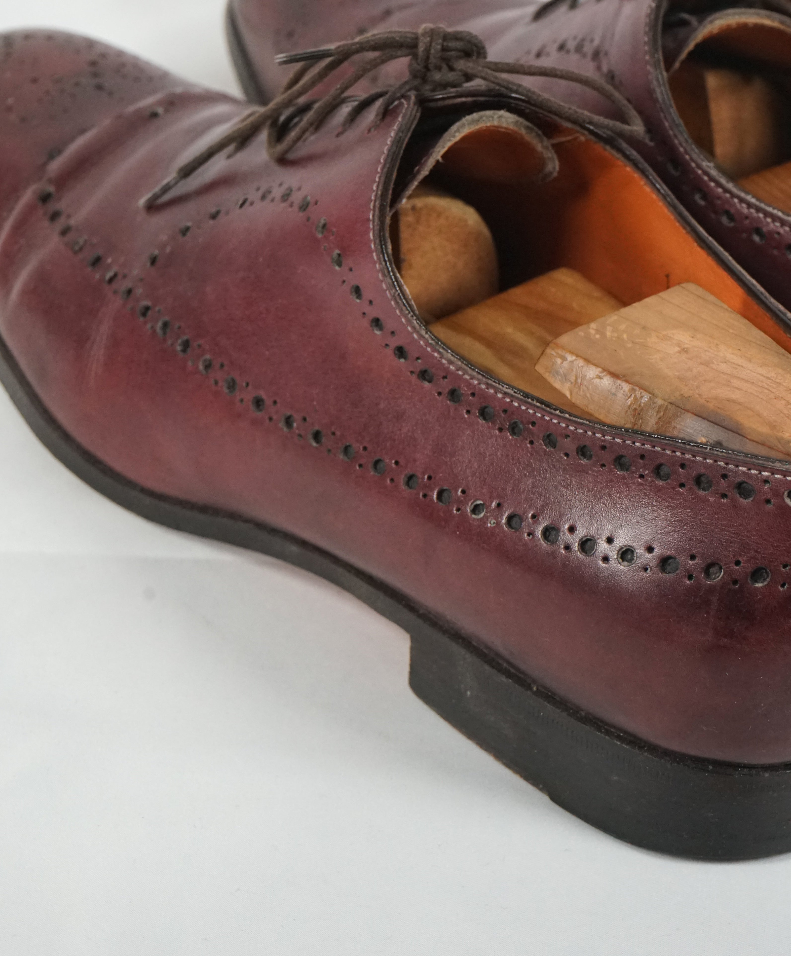 SANTONI - "Calvin" Wholecut Burgundy Brogue Oxfords - 10.5