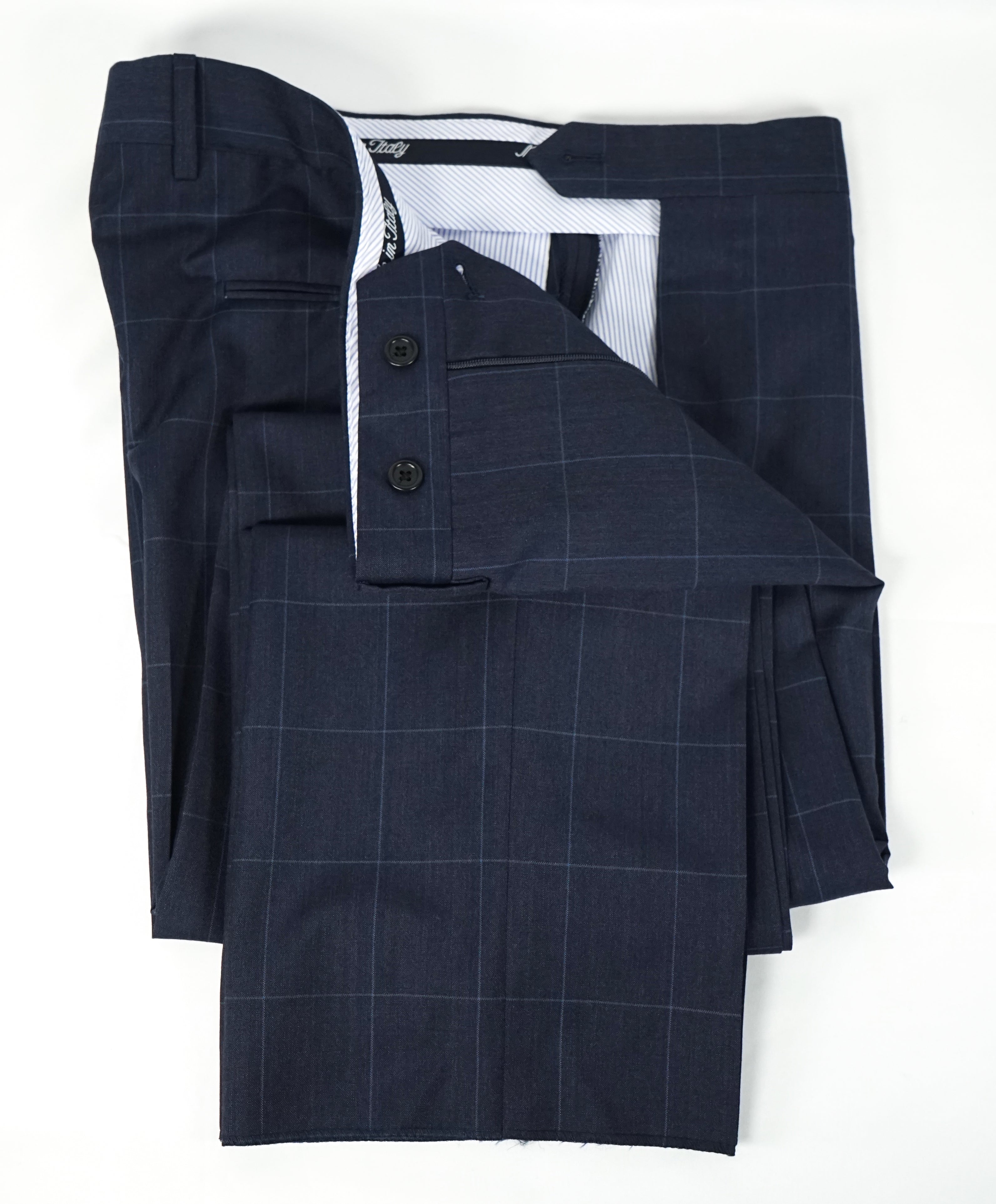 SAKS FIFTH AVE - Blue Plaid Wool MADE IN ITALY Flat Front Dress Pants - 34W