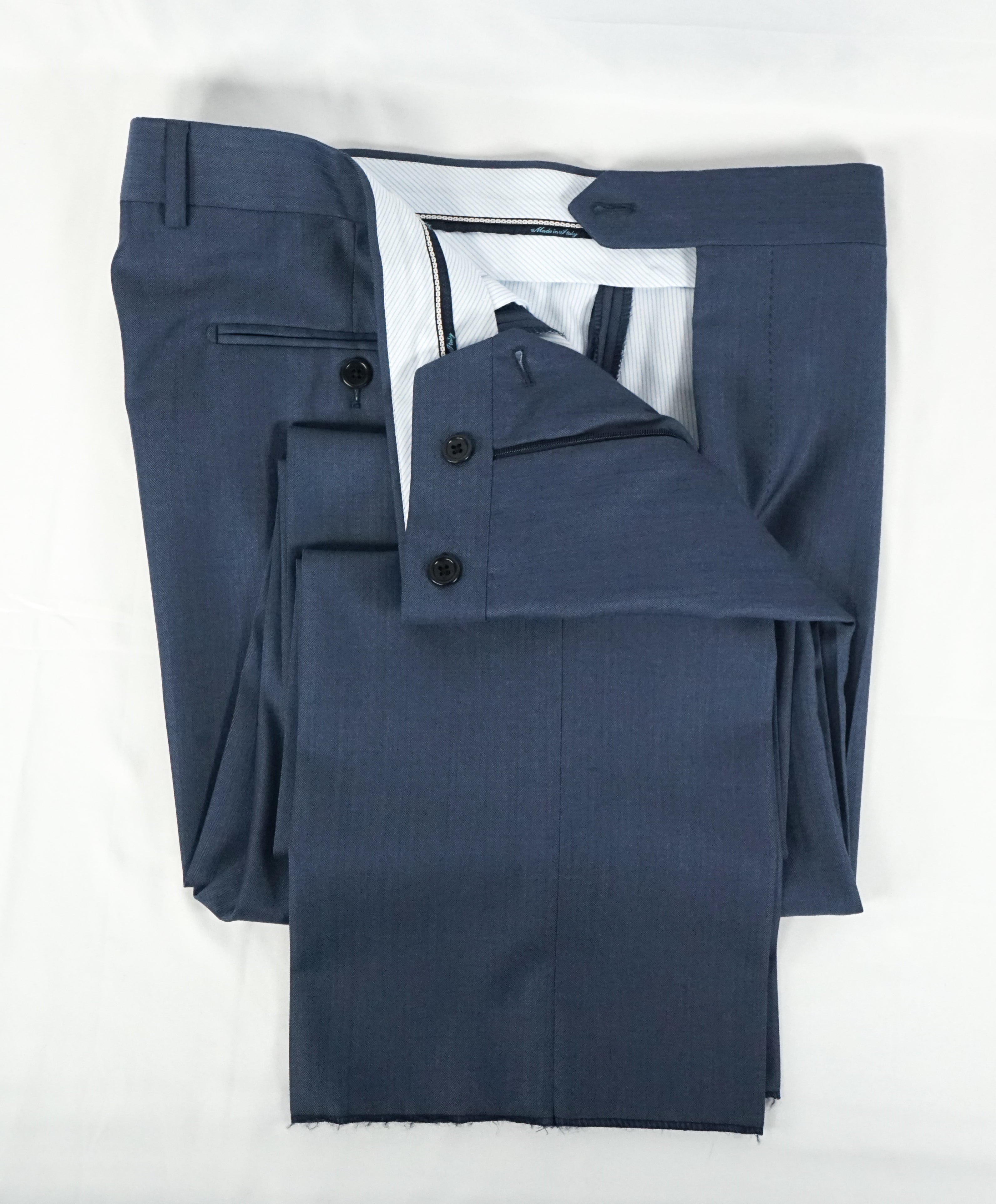 SAKS FIFTH AVE - Medium Blue Herringbone Flat Front Dress Pants - 34W