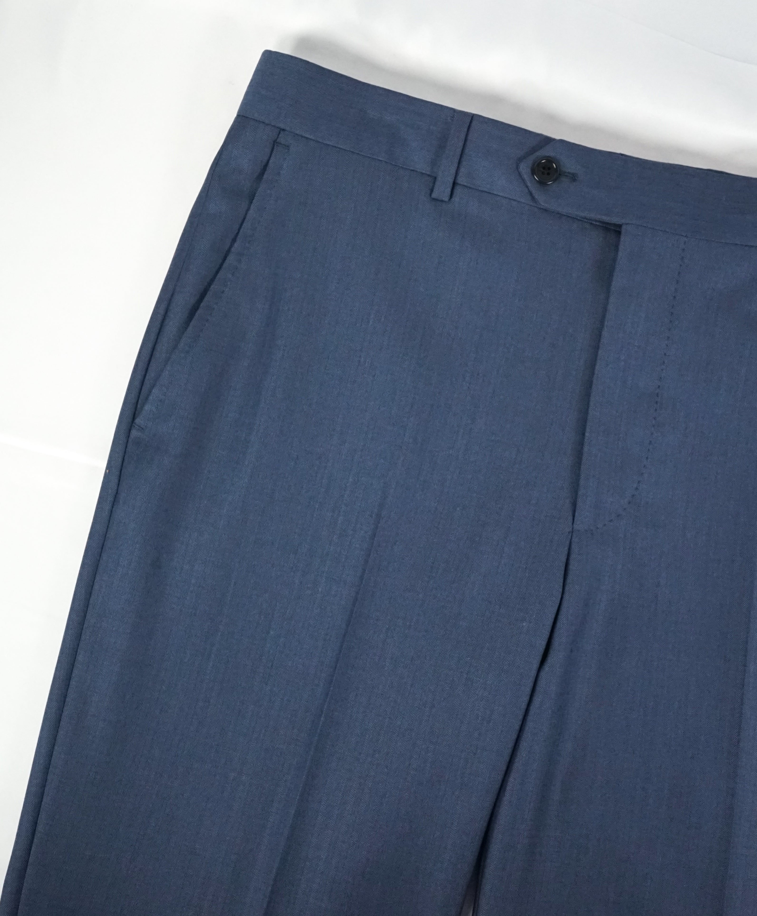 SAKS FIFTH AVE - Medium Blue Herringbone Flat Front Dress Pants - 34W