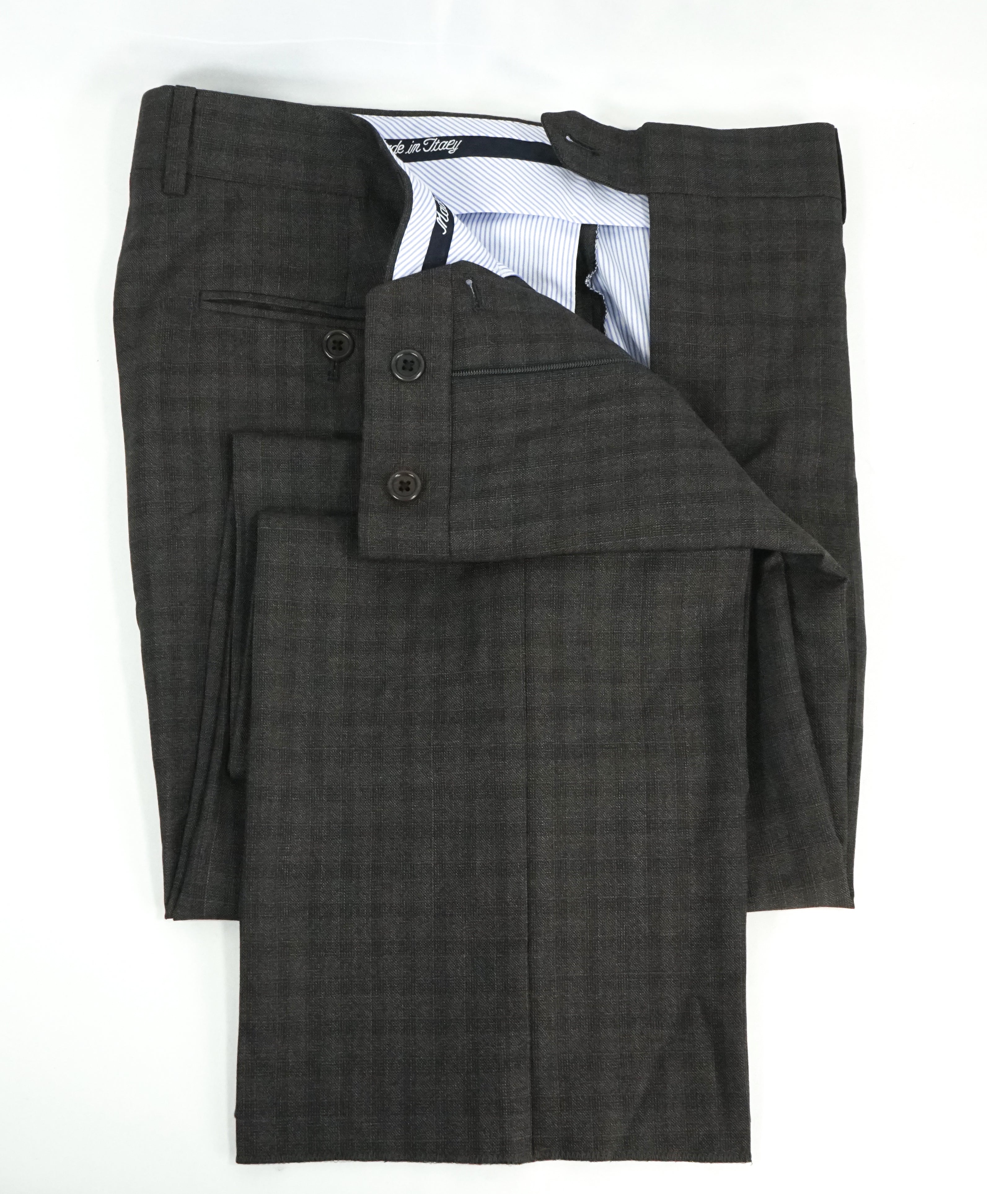 SAKS FIFTH AVE - Brown Wool MADE IN ITALY Plaid Check Flat Front Dress Pants - 34W