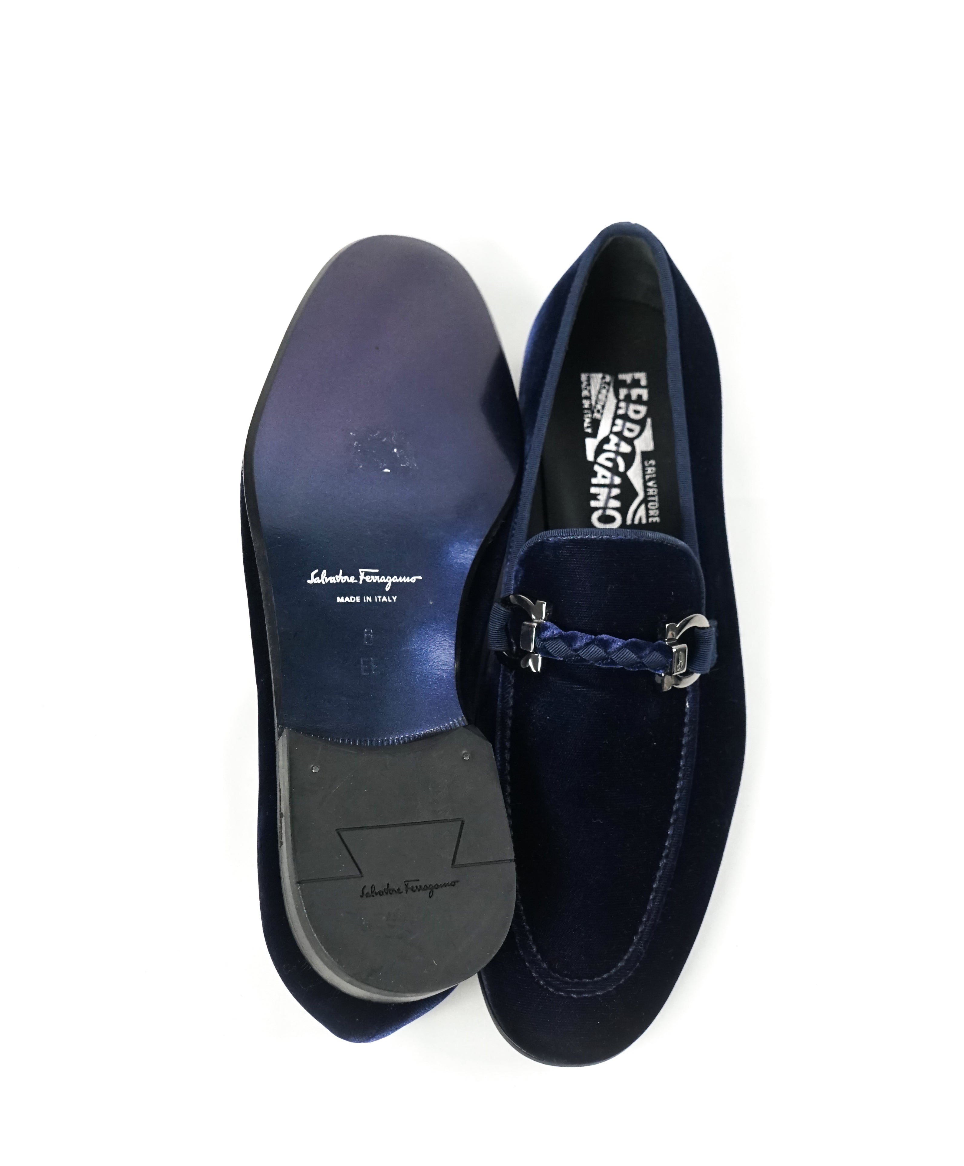 SALVATORE FERRAGAMO -“Roman” Blue Velvet Braided Gancini Bit Loafer - 6EE