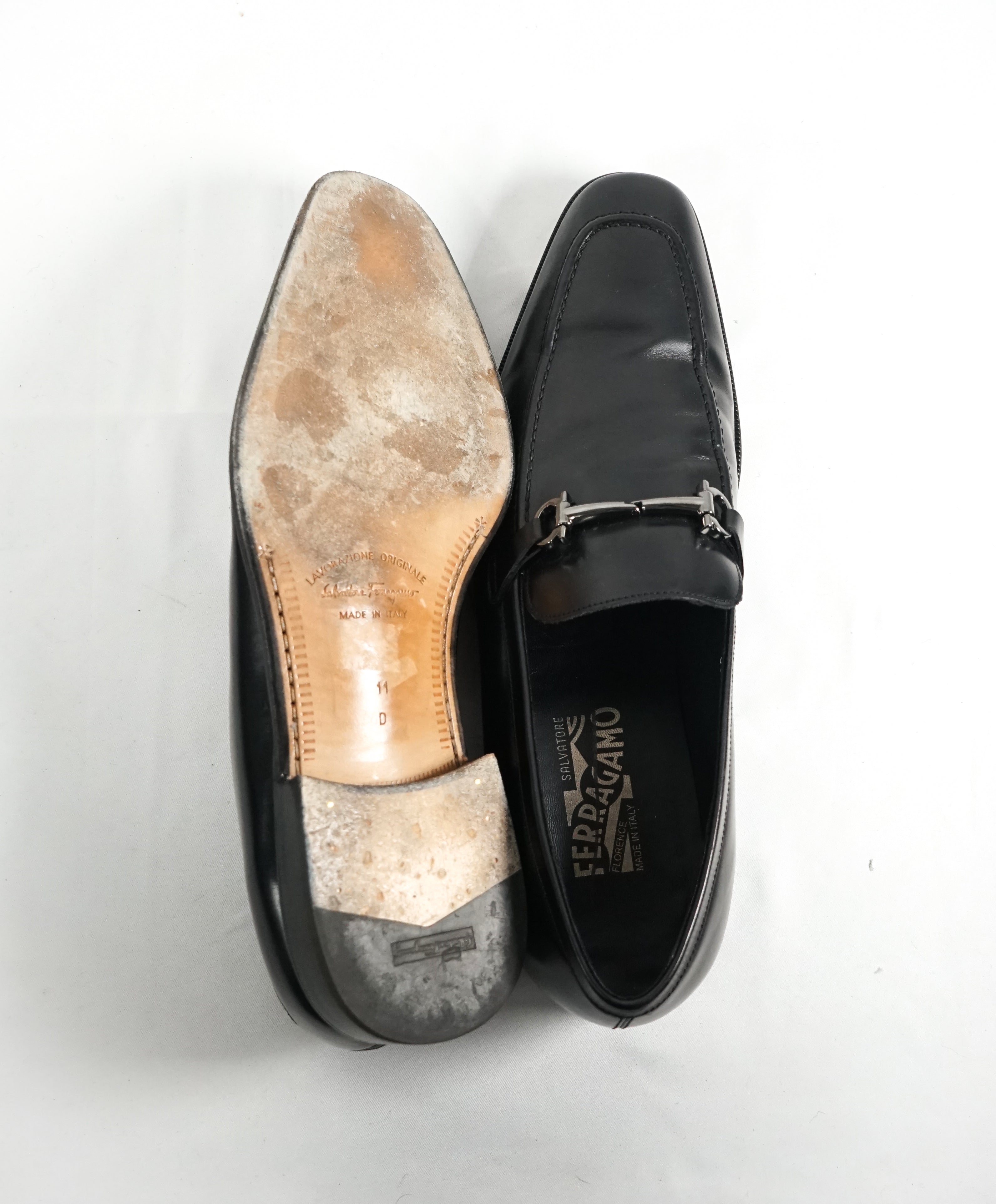 SALVATORE FERRAGAMO - Classic Black “Fenice" Slip On Bit Loafers - 11 D