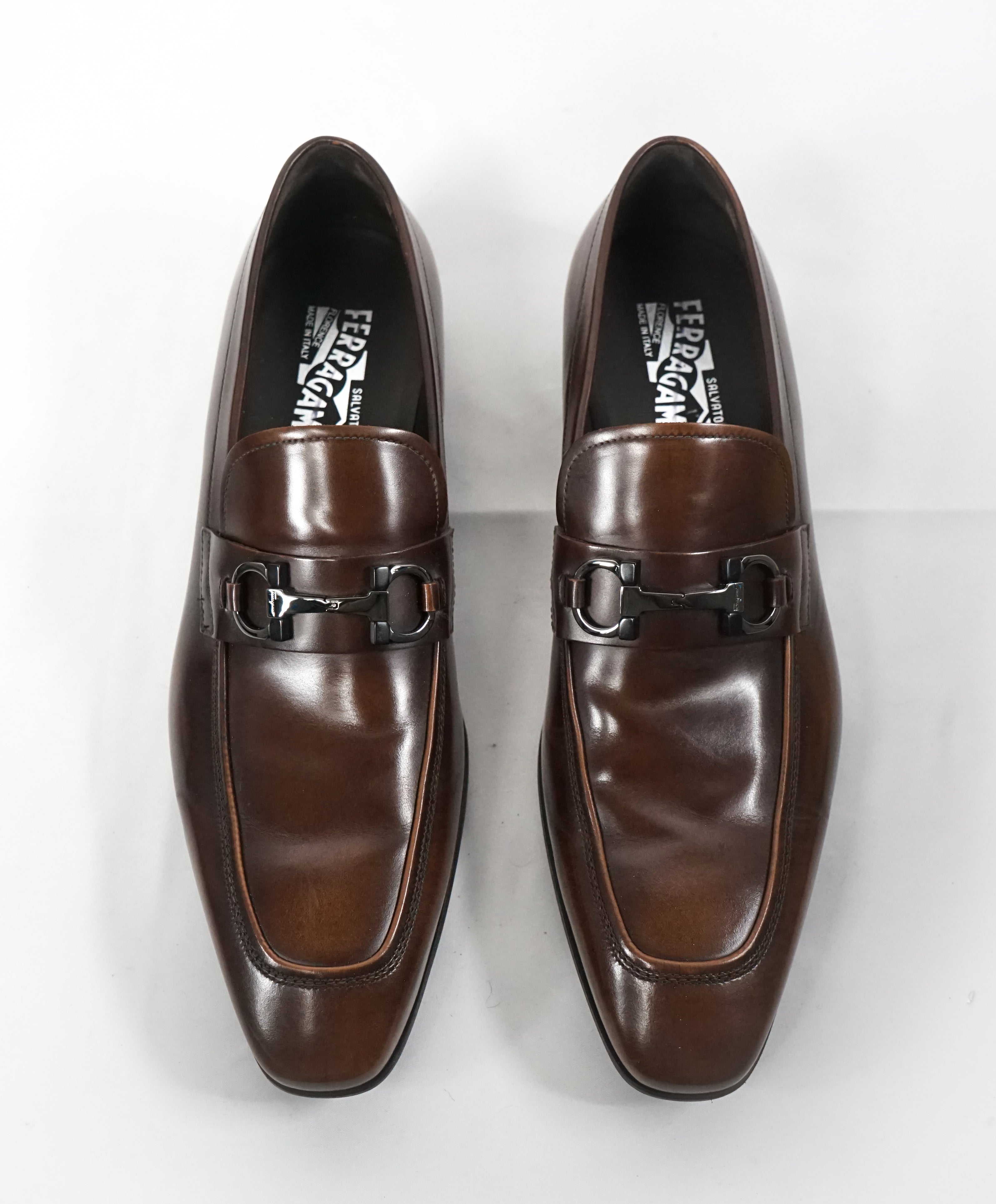 SALVATORE FERRAGAMO -“Dinamo” 2 Tone Gancini Bit Brown Leather Loafers - 11.5 D