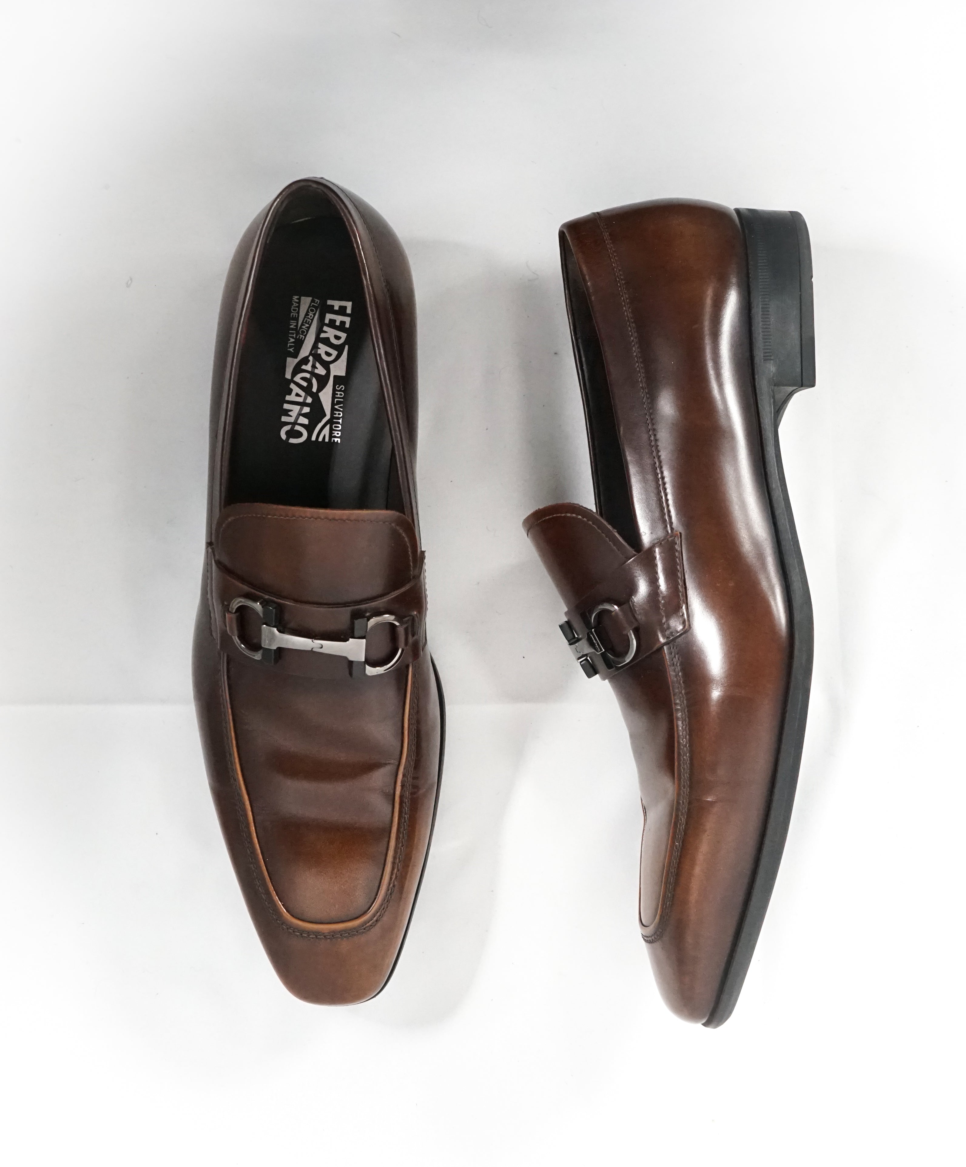 SALVATORE FERRAGAMO - “Dinamo” 2 Tone Gancini Brown Bit Leather Loafers - 11.5 D