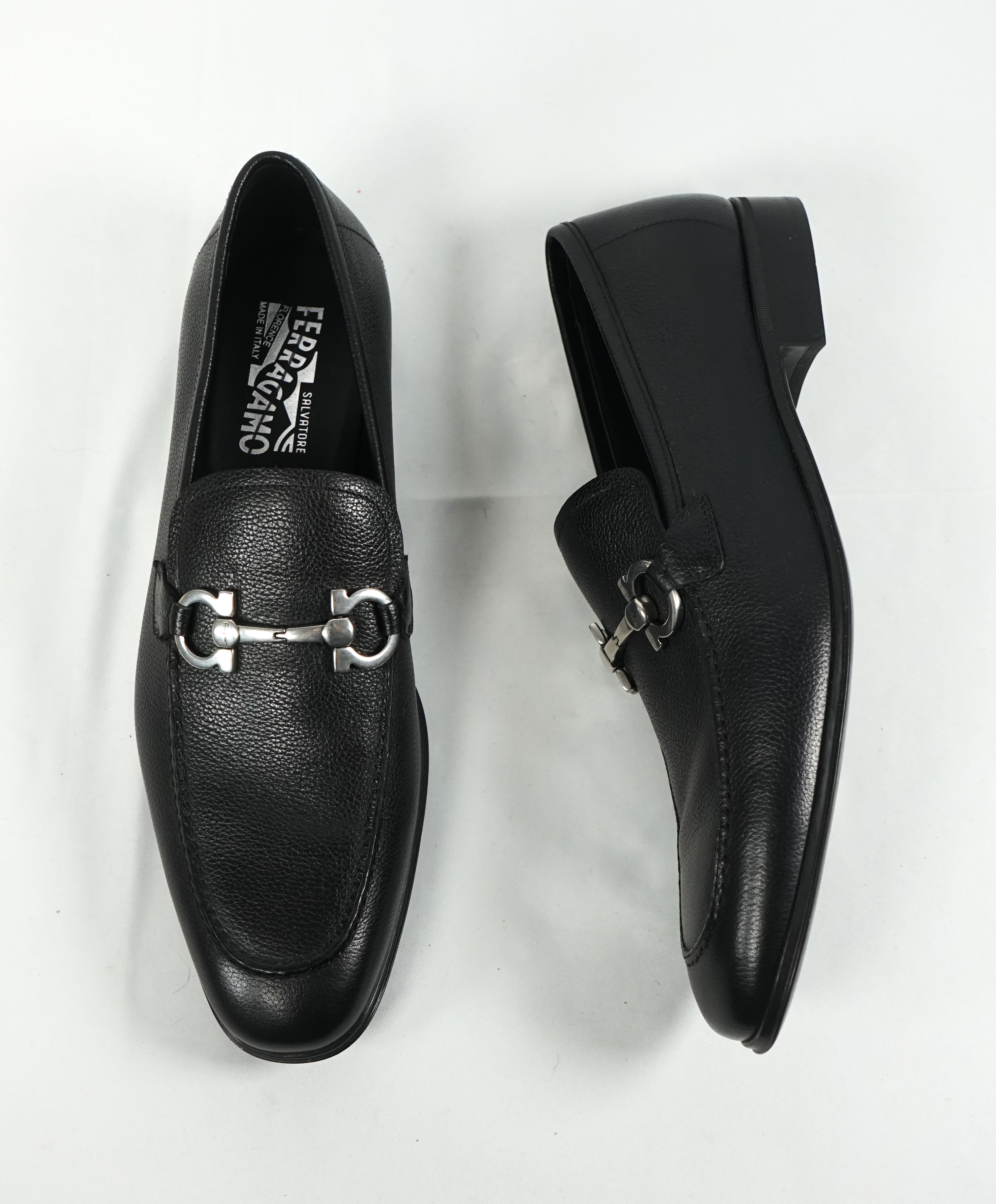 SALVATORE FERRAGAMO - “Flori 2” Pebbled Leather Gancini Bit Black Loafers - 9.5 D