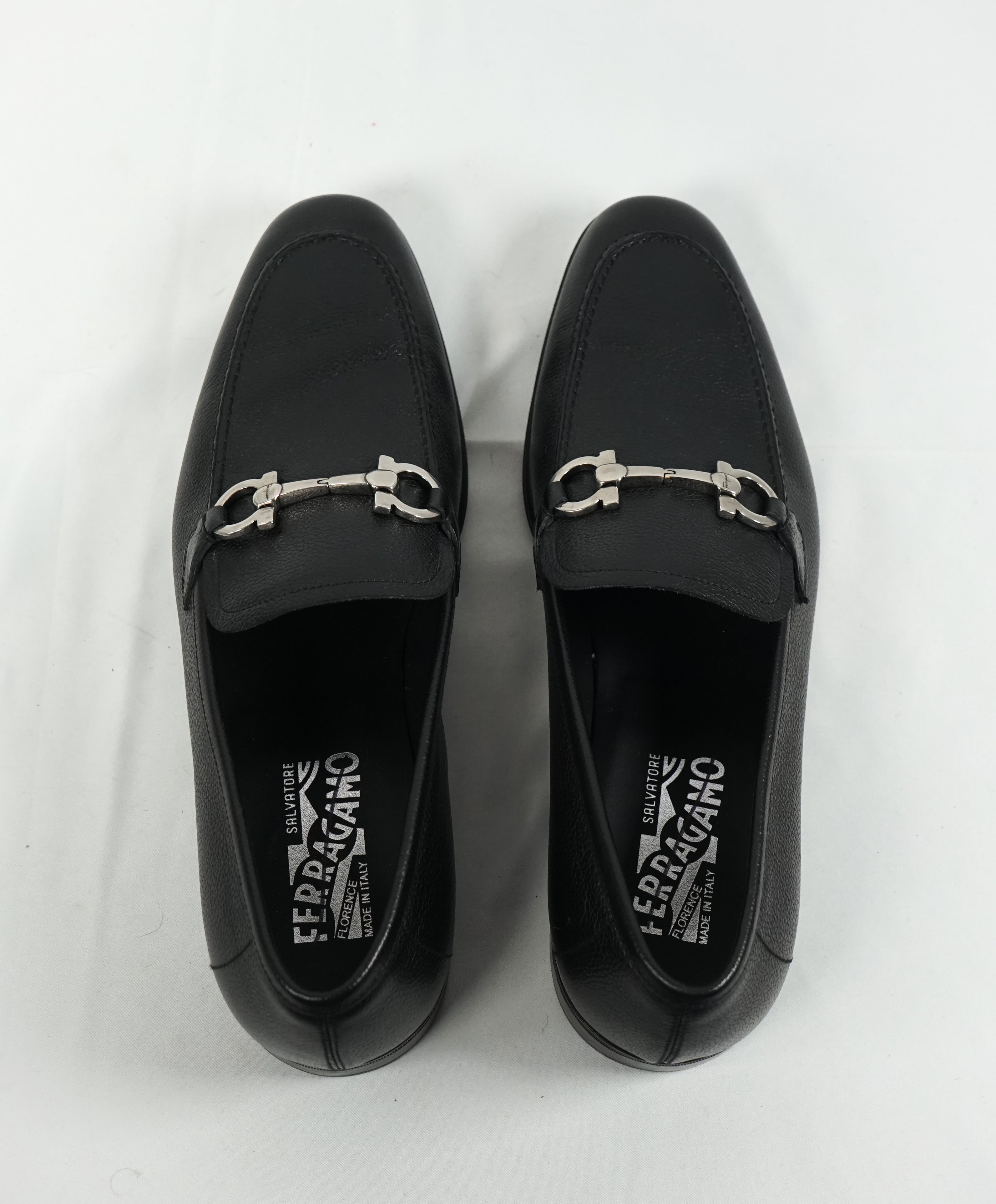 SALVATORE FERRAGAMO - “Flori 2” Pebbled Leather Gancini Bit Black Loafers - 9.5 D