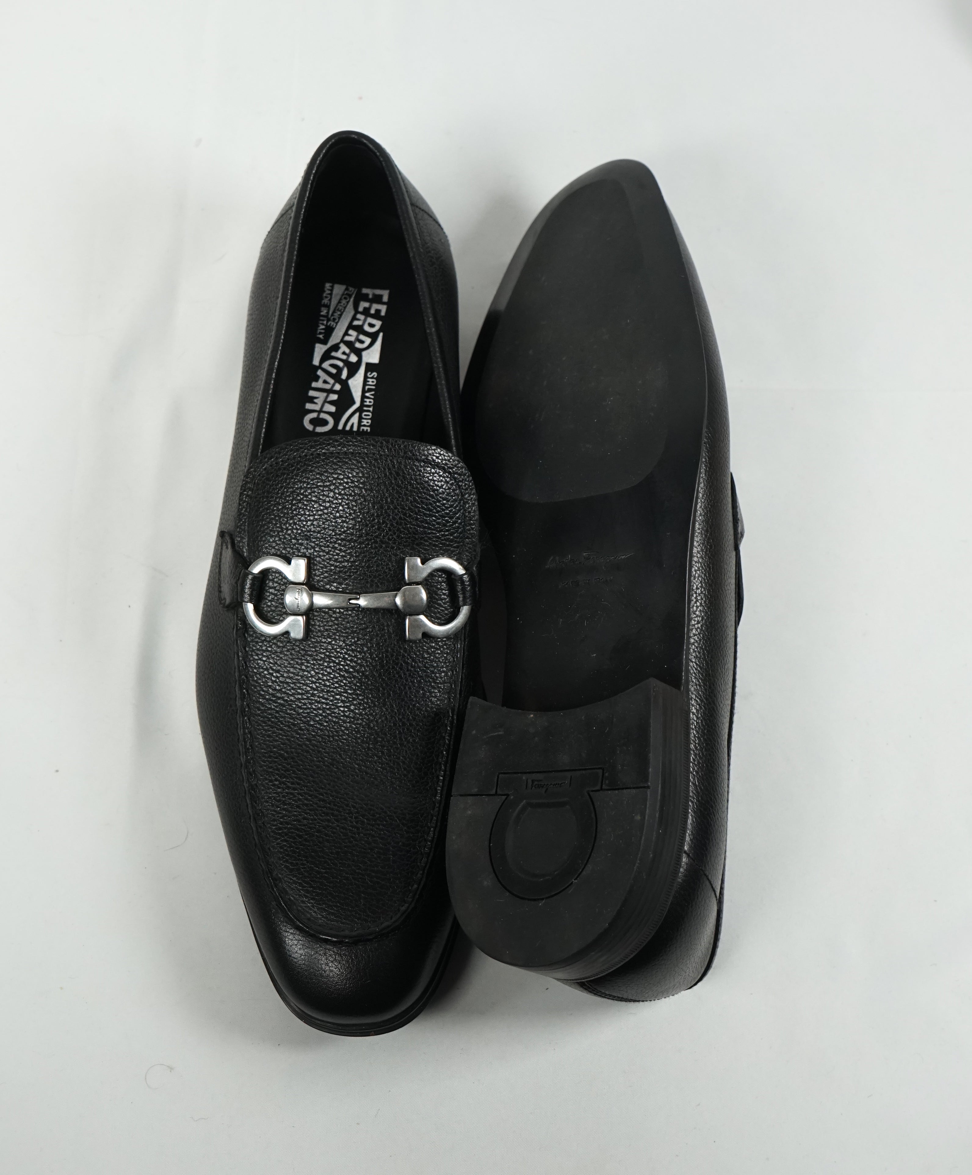 SALVATORE FERRAGAMO - “Flori 2” Pebbled Leather Gancini Bit Black Loafers - 9.5 D