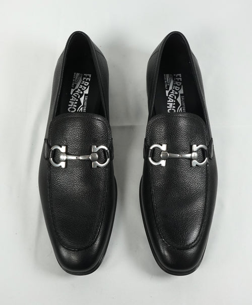 SALVATORE FERRAGAMO - “Flori 2” Pebbled Leather Gancini Bit Black Loafers - 9.5 D