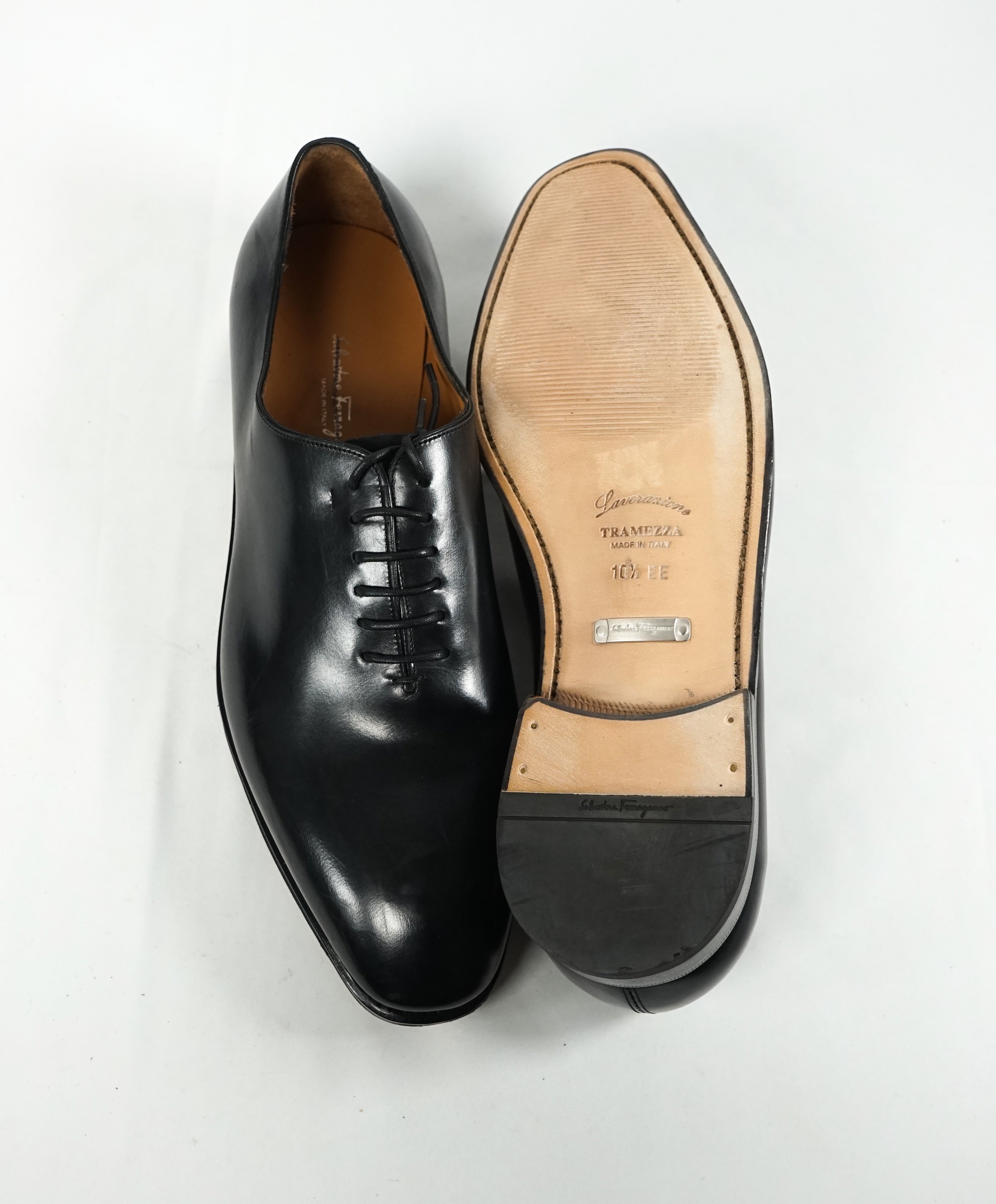 SALVATORE FERRAGAMO - "Carmelo Tramezza" Black Whole-Cut Silhouette Oxfords - 10.5 EE