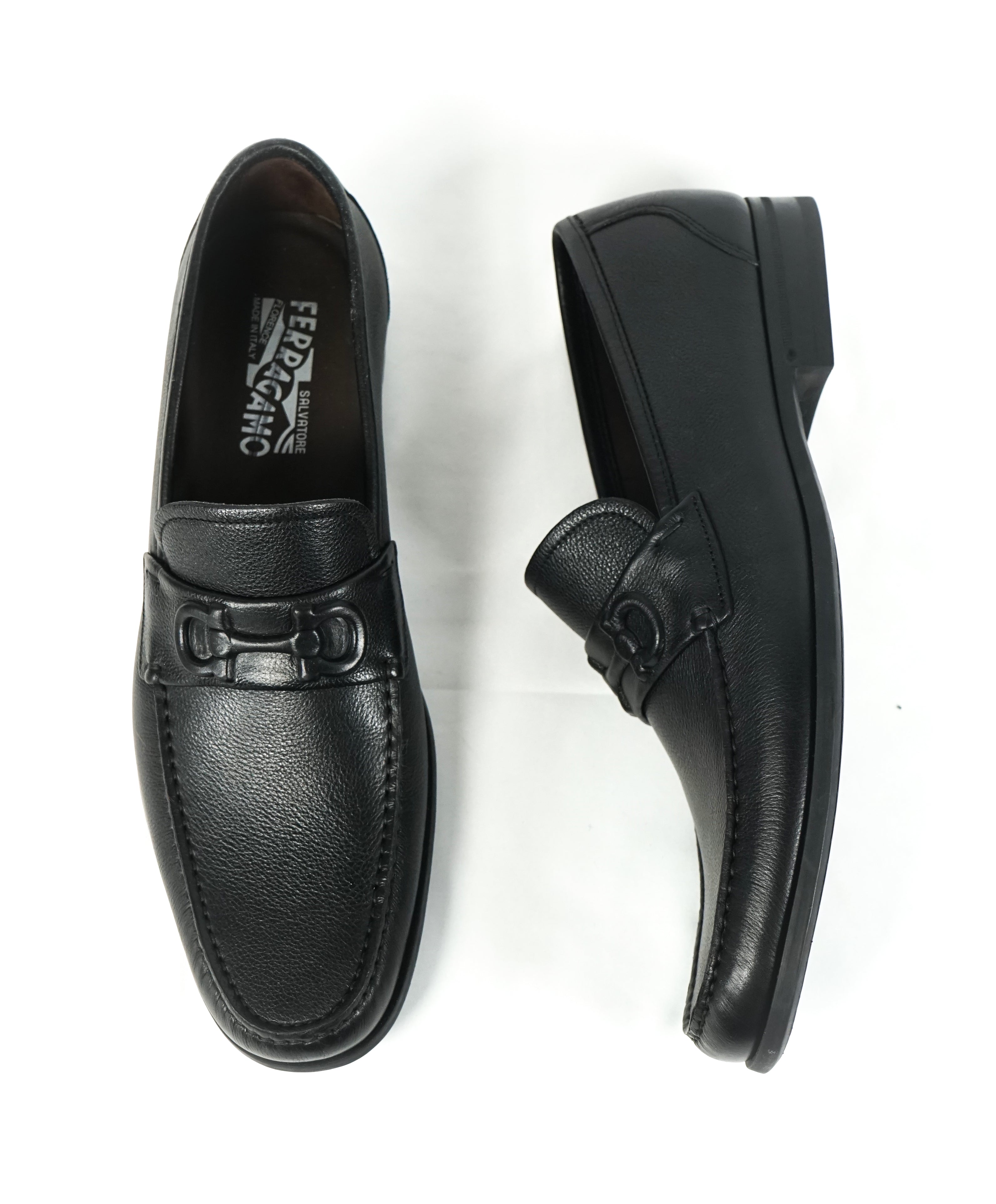 SALVATORE FERRAGAMO - “Faraone” Embossed Black Leather Loafers - 11