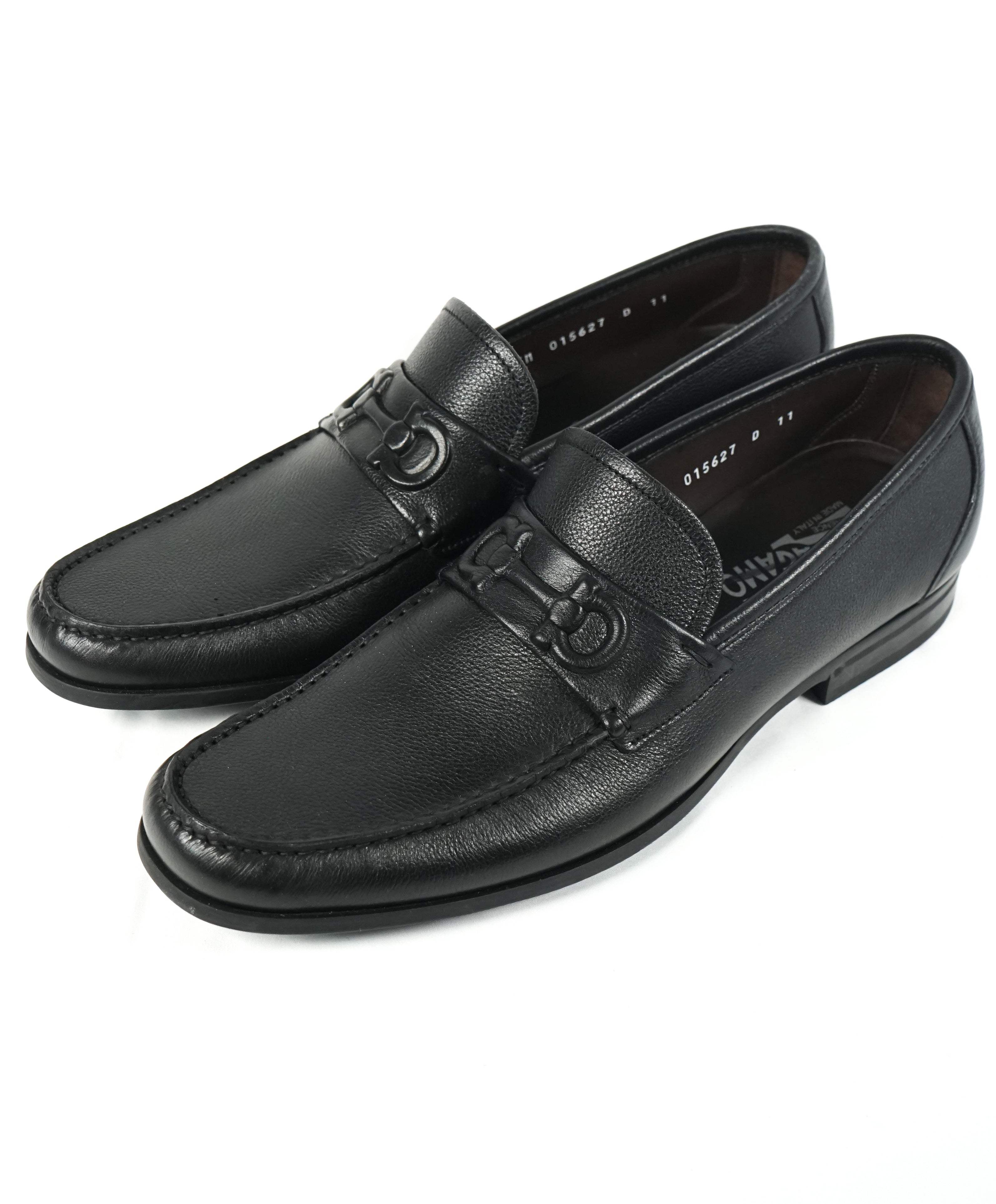 SALVATORE FERRAGAMO - “Faraone” Embossed Black Leather Loafers - 11