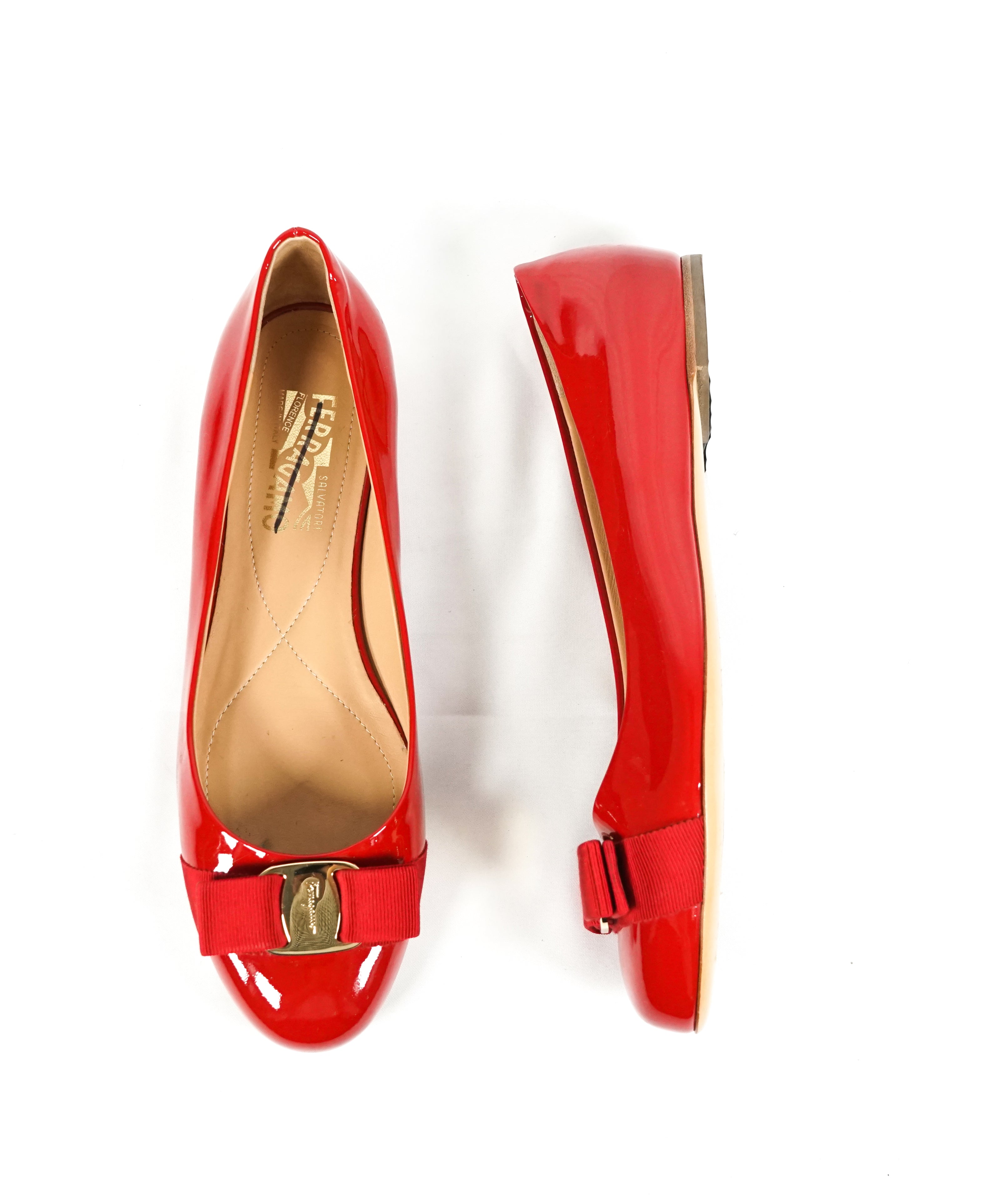 SALVATORE FERRAGAMO - "Vara" Patent Leather Bow Red Flats - 9 B