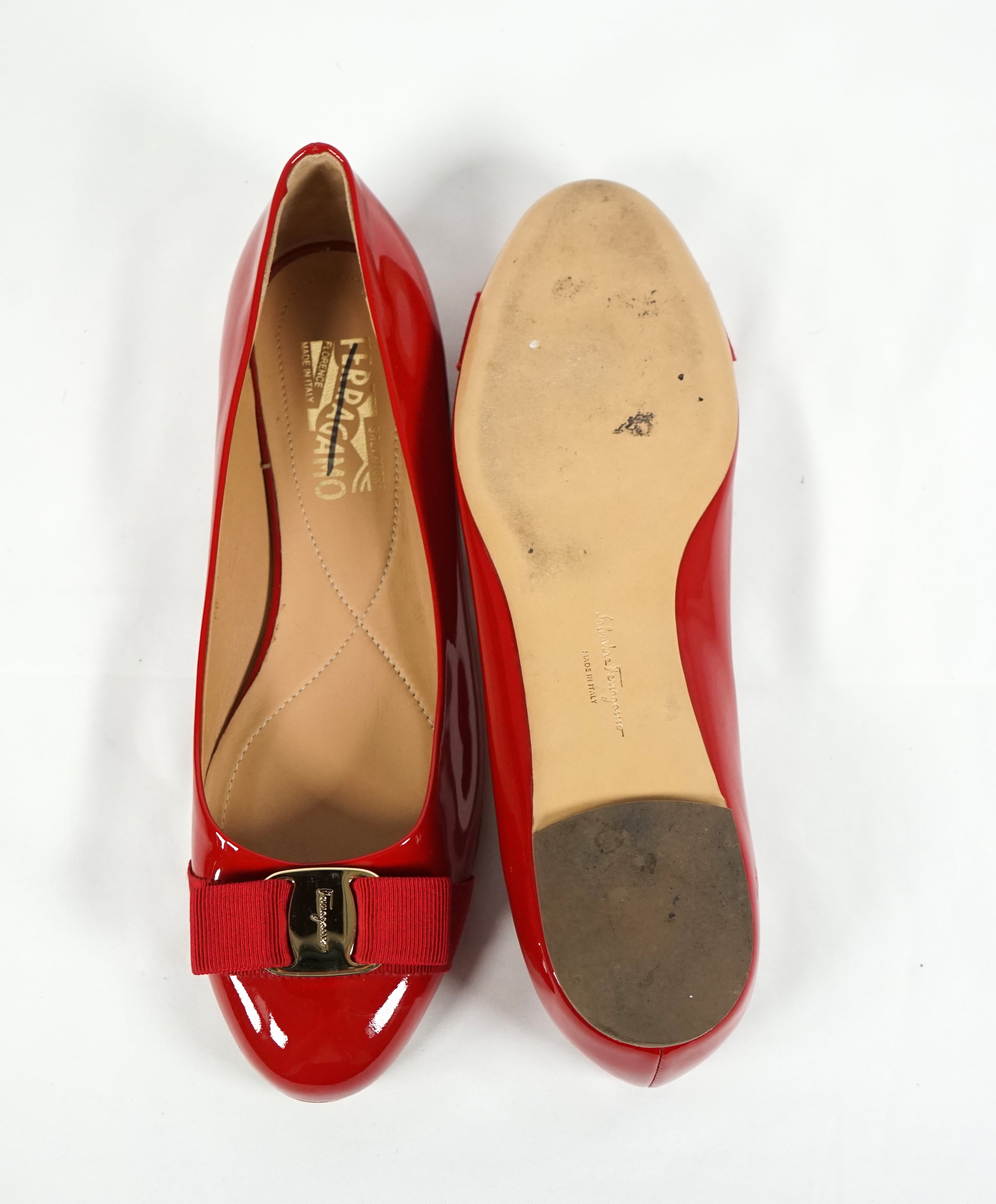 SALVATORE FERRAGAMO - "Vara" Patent Leather Bow Red Flats - 9 B