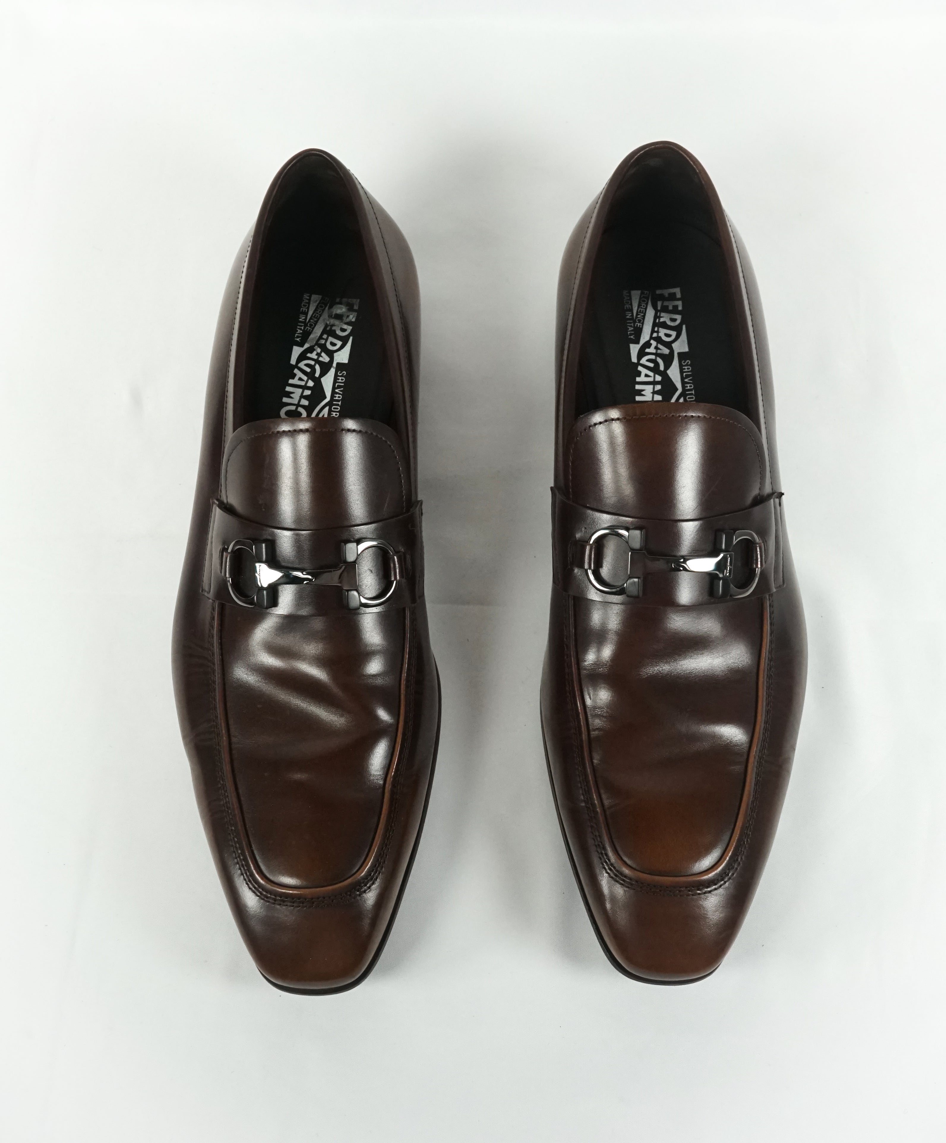 SALVATORE FERRAGAMO -“Dinamo” 2 Tone Gancini Bit Brown Leather Loafers - 11.5 EE