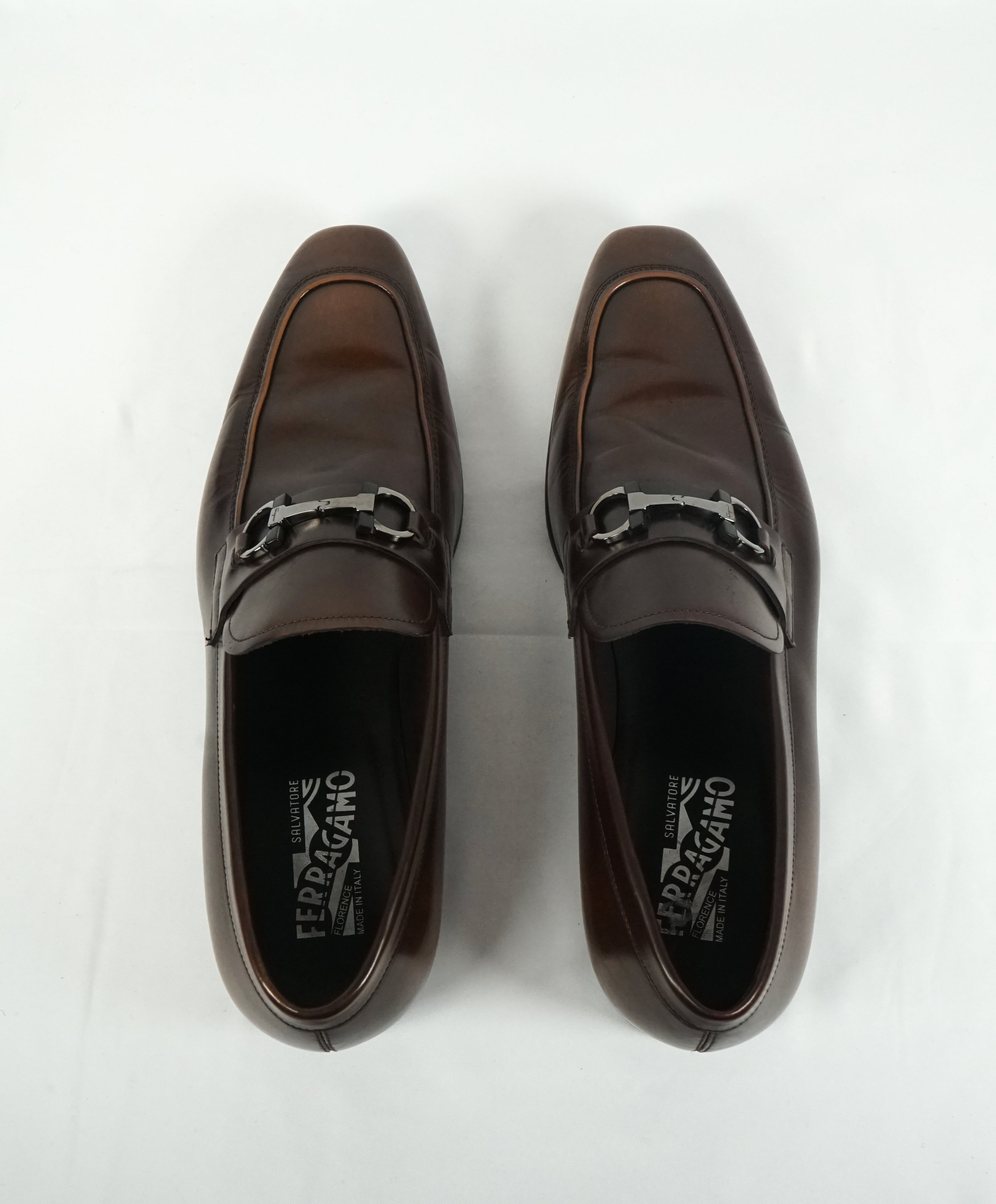 SALVATORE FERRAGAMO -“Dinamo” 2 Tone Gancini Bit Brown Leather Loafers - 11.5 EE