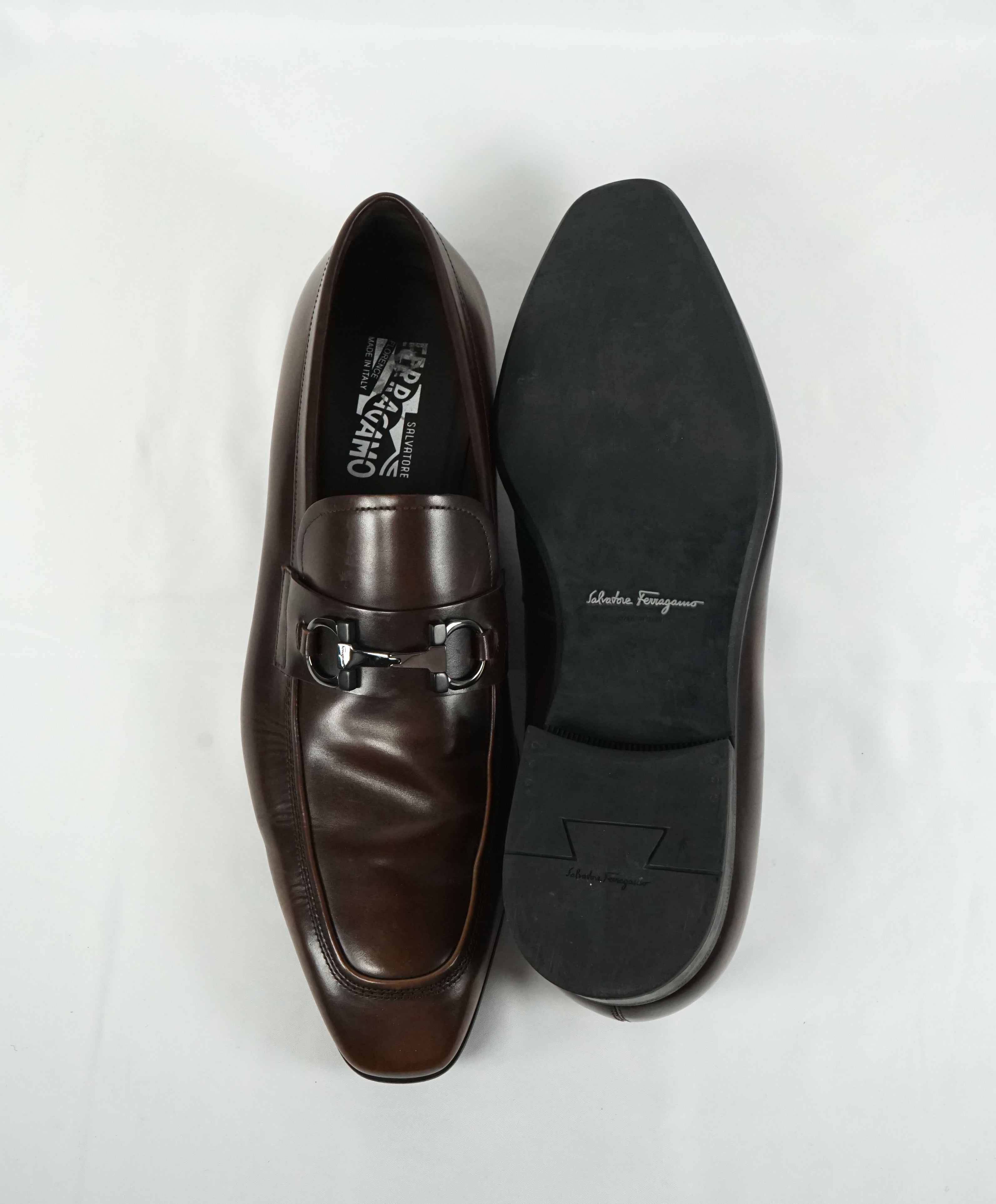 SALVATORE FERRAGAMO -“Dinamo” 2 Tone Gancini Bit Brown Leather Loafers - 11.5 EE